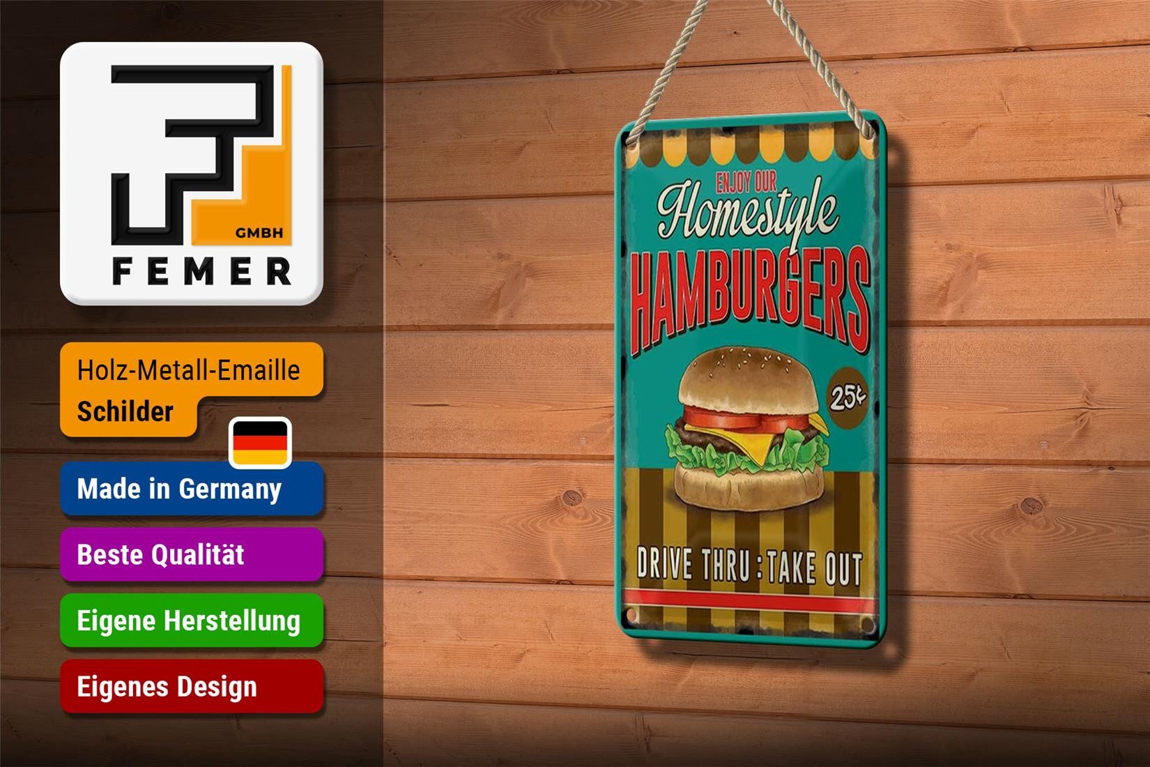 Femer GmbH Metallschild Essen 12x18cm Hamburgers enjoy our Homestyle, (1 St), gewölbte Oberfläche, abgerundete Ecken, umgeschlagene Kanten