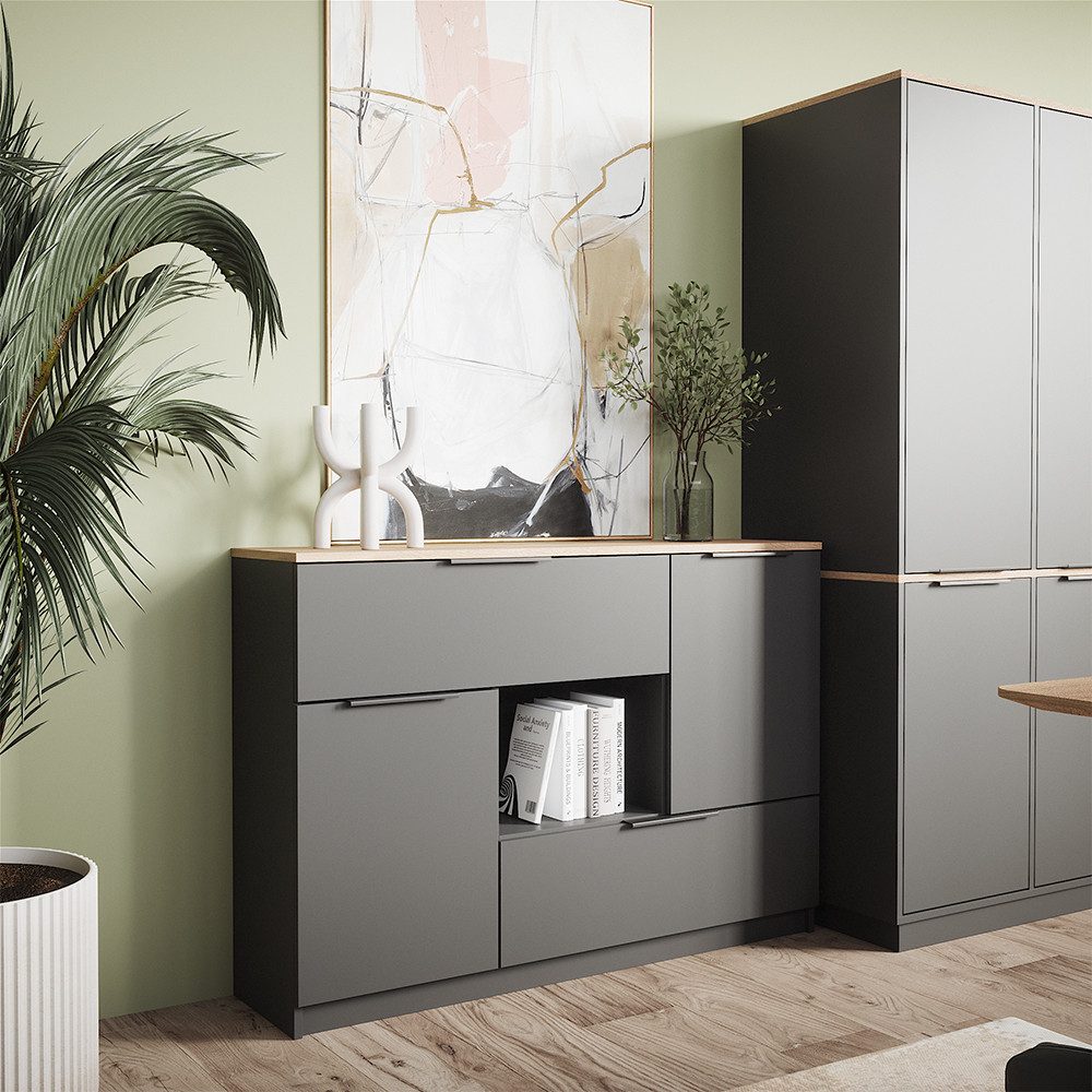 Vicco Kommode Betti, Anthrazit, 120 x 83.6 cm 2x Tür, 2x Schublade und 1x offene... (1 St)