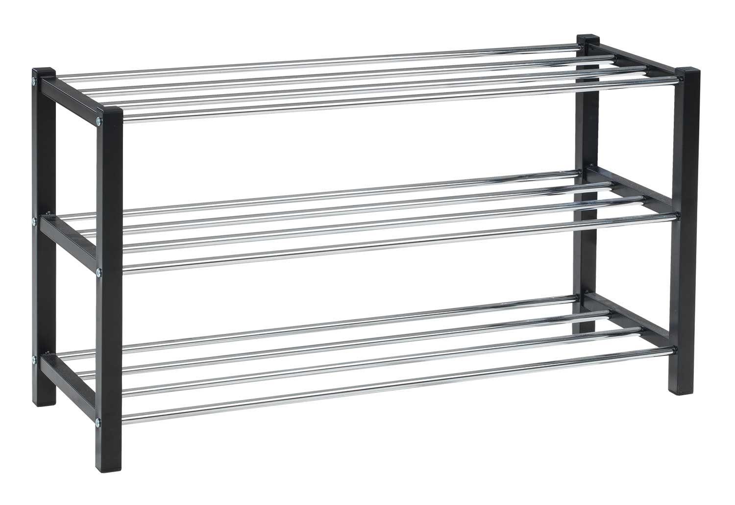 Schuhregal, Schwarz, Chromfarben, MDF, Metall, mit 3 Ablagen, BxHxT 80 x 45 x 28 cm, für bis zu 12 Paar Schuhe