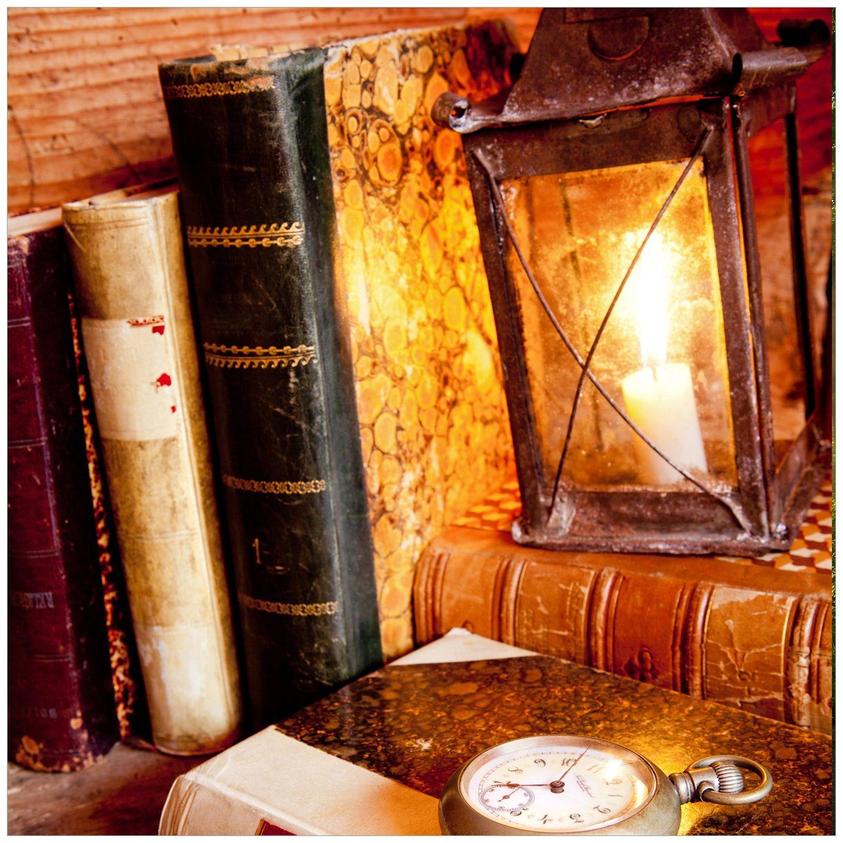 Wallario Tischplatte Antike Laterne mit Kerze alten Büchern und Taschenuhr (1 St), für Ikea Lack Tisch geeignet