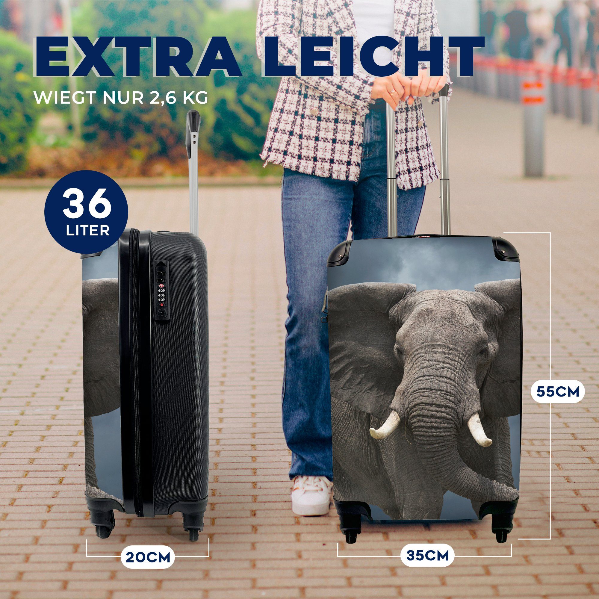 MuchoWow Handgepäckkoffer Elefant - Wolken Trolley, 4 Ferien, rollen, Reisetasche - Tiere Rollen, Reisekoffer Natur, mit Handgepäck - für