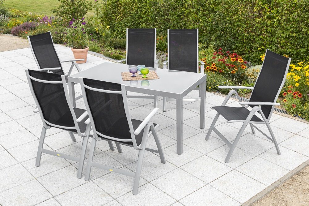 MERXX Garten-Essgruppe Carrara, (Set 7-teilig, Tisch, 6 Klappsessel, Aluminium mit Textilbespannung, Sicherheitsglas), Tisch mit grauer Glasplatte