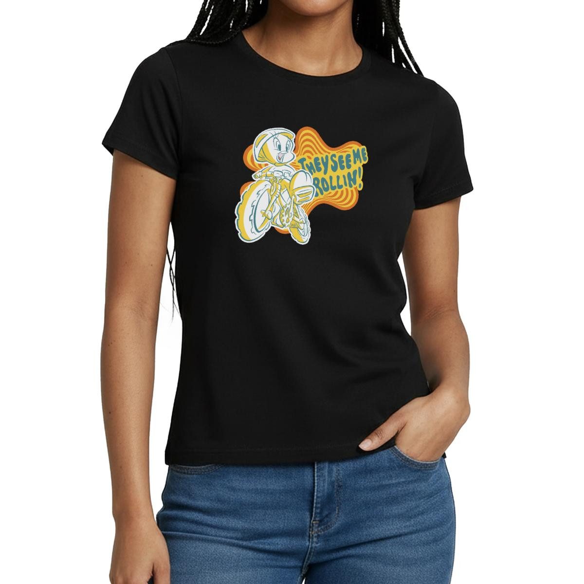 Spreadshirt T-Shirt Looney Tunes They See Me Rollin' Tweety Fahrrad Frauen T-Shirt (1-tlg)