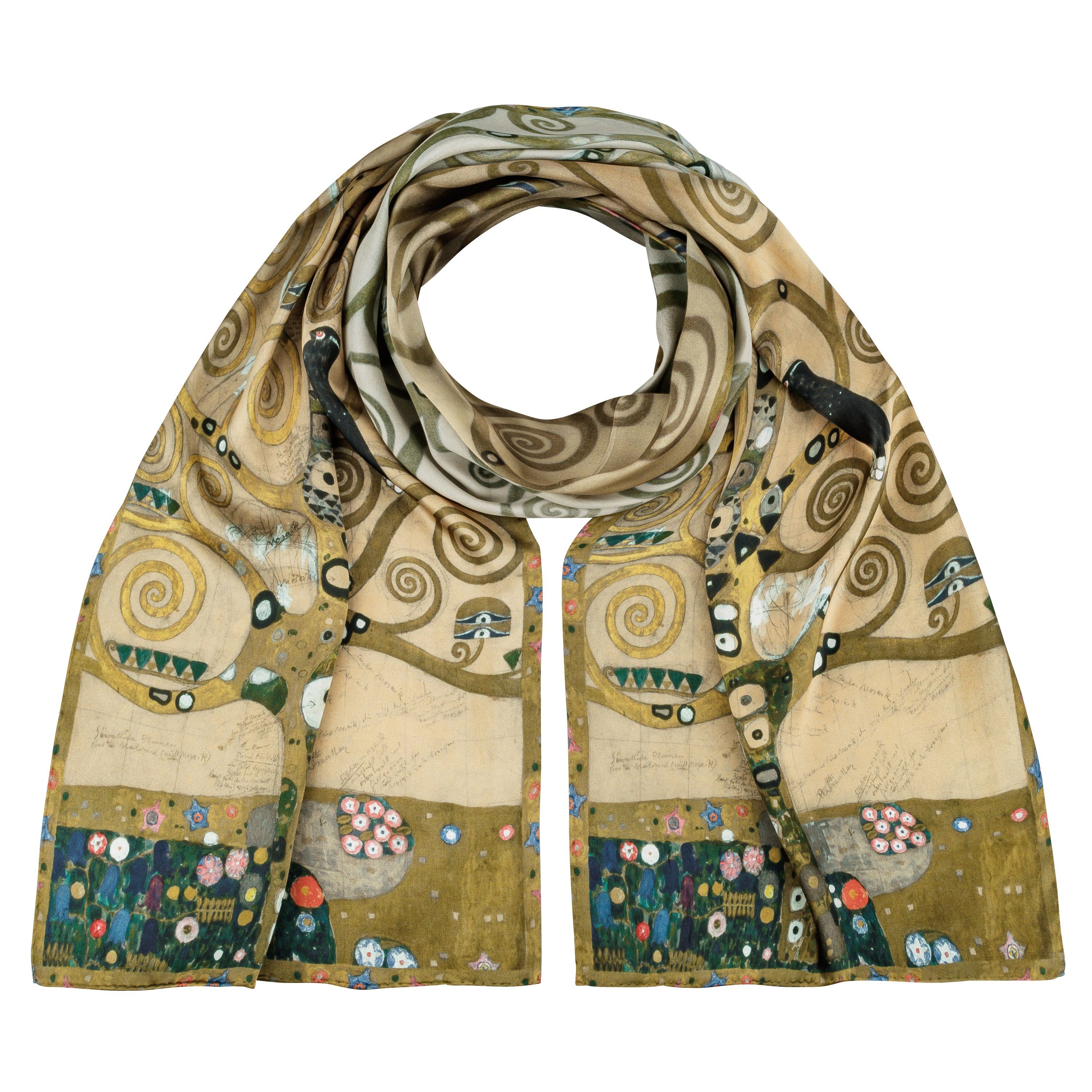 von Lilienfeld Seidenschal VON LILIENFELD Schal Damen 100% Seide Gustav Klimt: Lebensbaum Motiv Halstuch Seidenschal Seidentuch Kanten handgerollt 172 x 42 cm Kunstmotiv, Satin