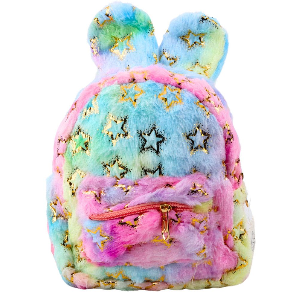 LEAN TOYS Kinderrucksack Kindergartenrucksack Freizeitrucksack Ausflugsrucksack (Spar-Set, 1-tlg., 24 x 22 cm weich), Plüschohren, Goldsterne, verstellbare Träger