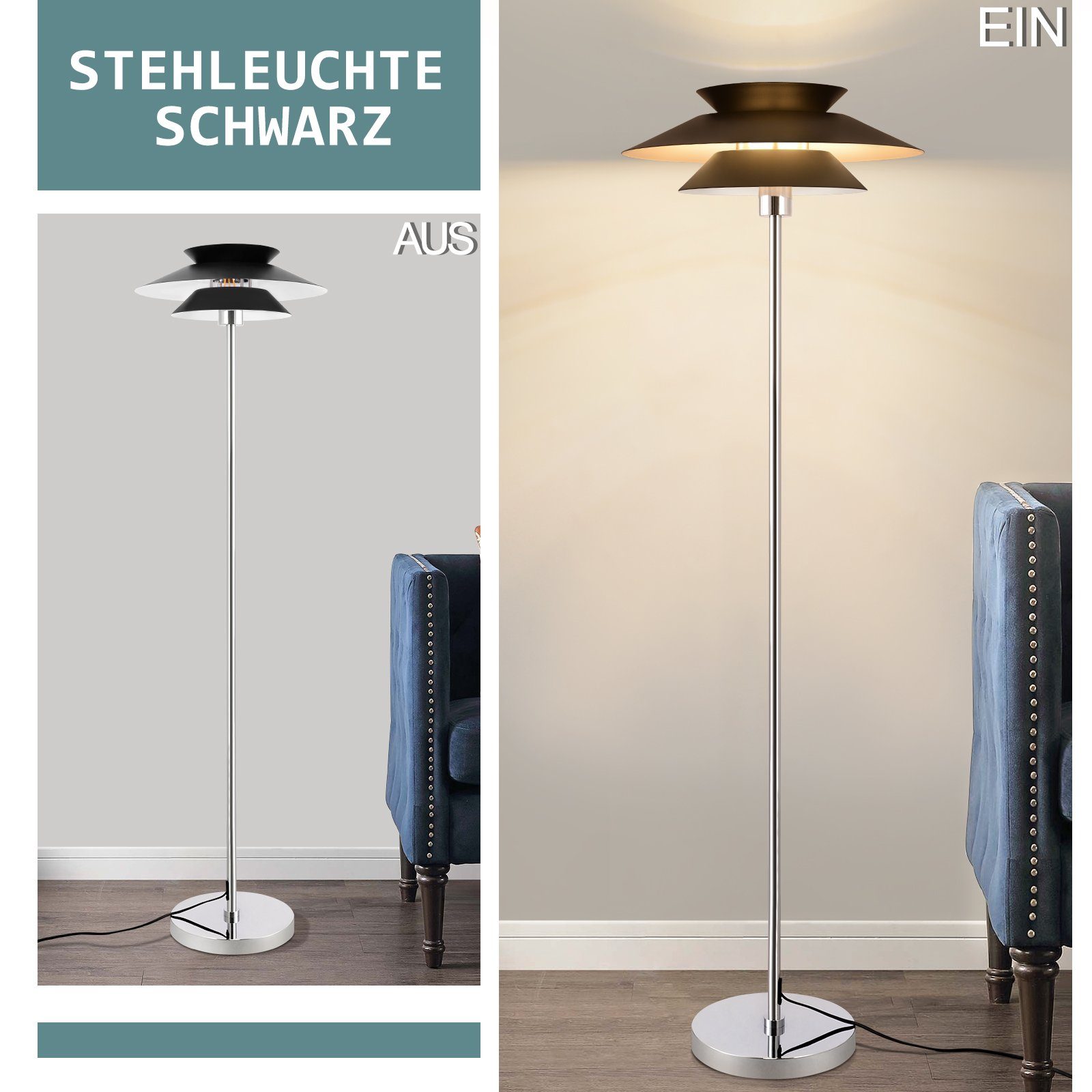 Nettlife Stehlampe Wohnzimmer Vintage E27 Metall Modern Stehleuchte Standlampe, Mit Fußschalter, LED wechselbar, für Schlafzimmer Arbeitszimmer Büro – Bild 4 von 5