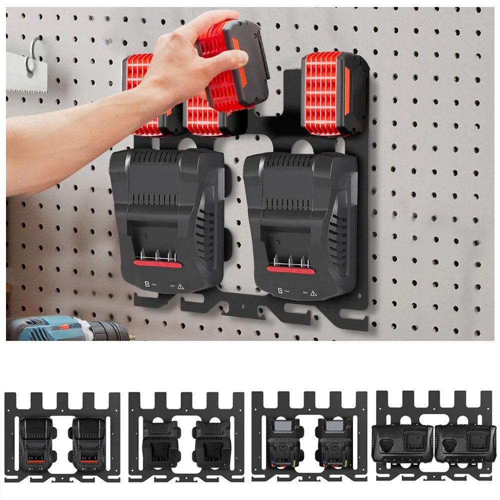 QUBEBU Wandhalterung 3in1 Wandhalterung für Bosch Professional Ladegeräte, 50kg Tragkraft, (42.1 x 32.5cm Akku Wandhalterung für Ordnung & System, stabil für Bosch Akku Wandhalterung, Ordnung in Werkstatt und Garage., Organisieren Sie bis zu 4x 18V-Akkus,4 Akku-Bohrschrauber,2 Ladegeräte)