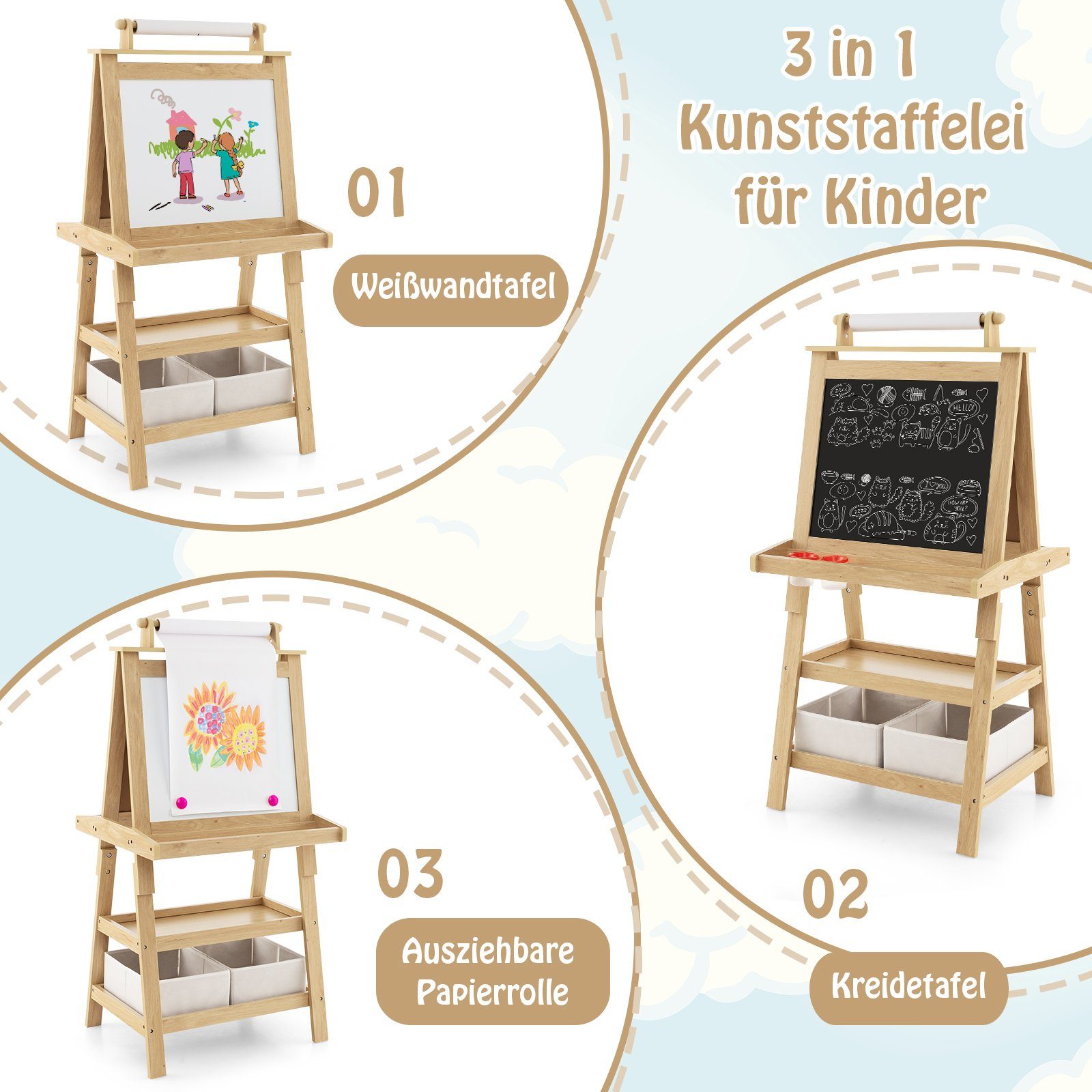 COSTWAY Standtafel Kinder Staffelei, doppelseitig, mit Magneten & 2 Boxen