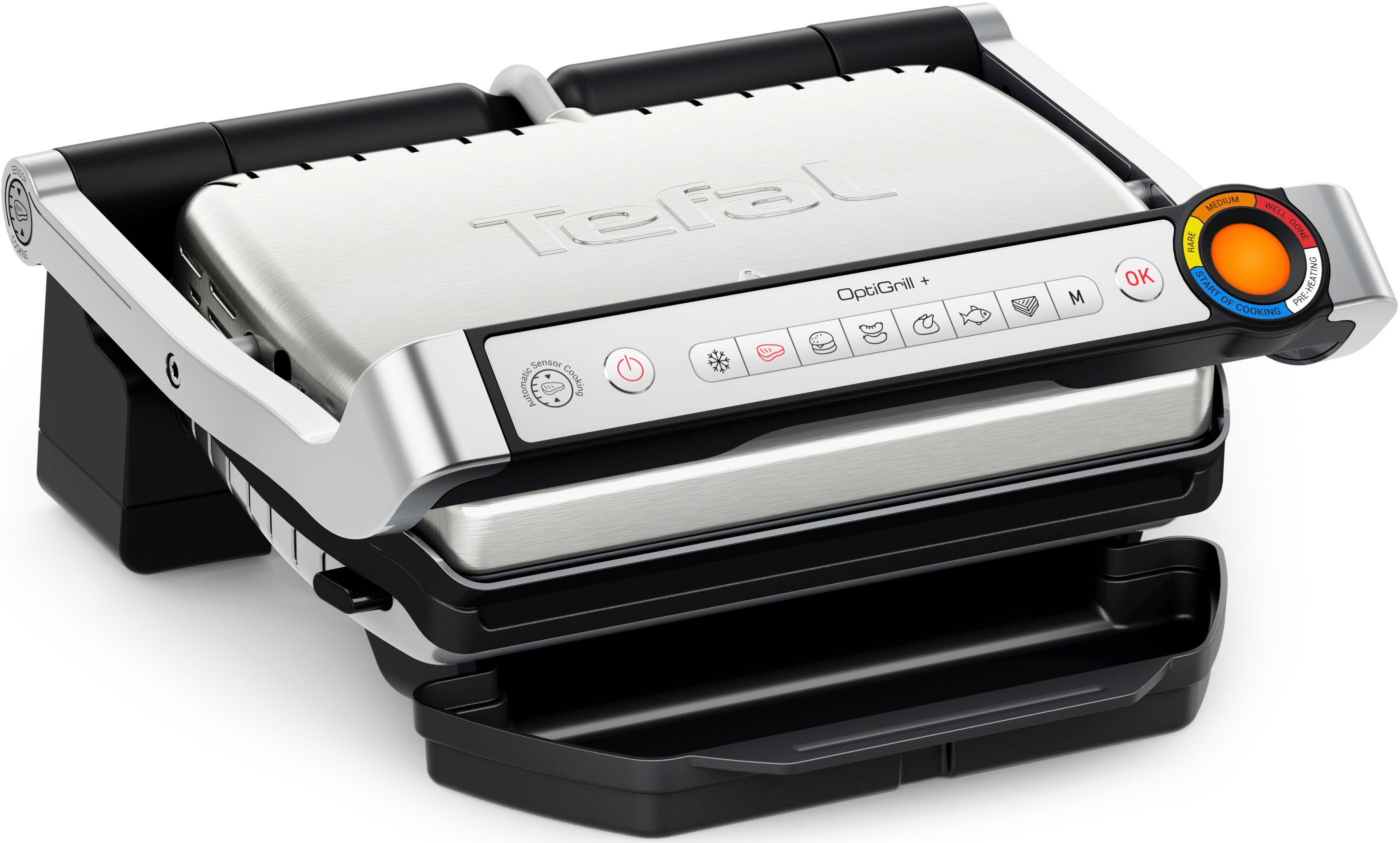 Tefal Kontaktgrill GC717D OptiGrill+, 2000 W, erneuerte Kochstufenanzeige, 6 Automatikprogramme, inkl. Rezeptbuch