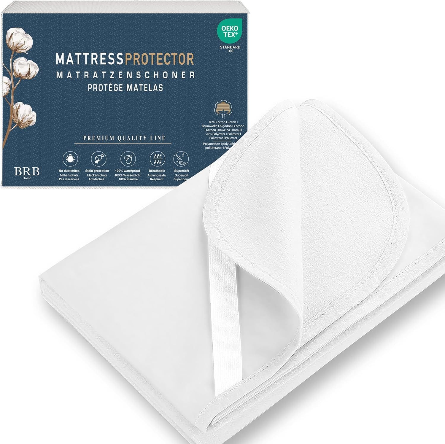Matratzenschoner wasserdichte Matratzenauflage Baumwolle Matratzenschutz BRB HOME, Baumwolle, OEKO-TEX Zertifiziert, Atmungsaktiv, Waschbar
