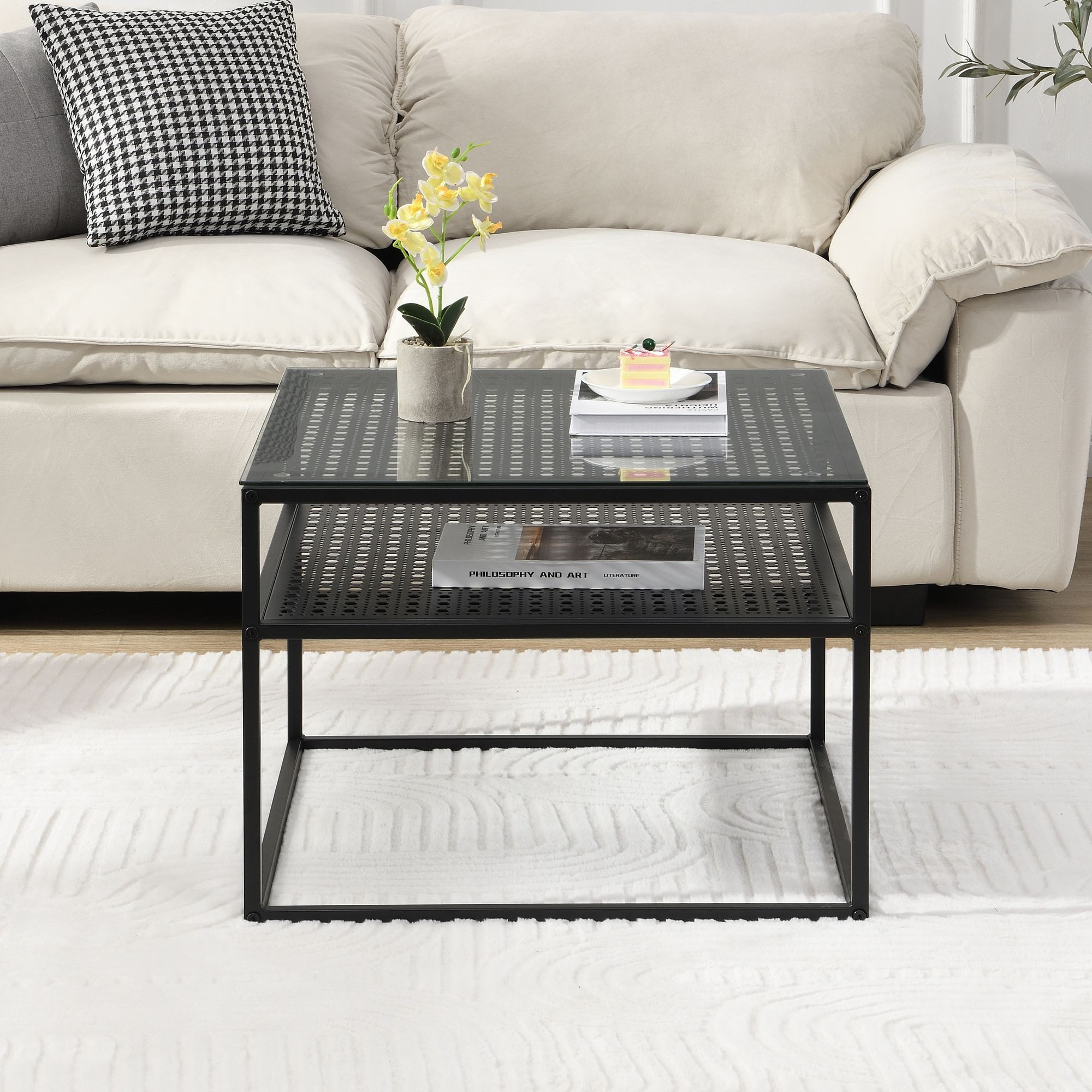 FINEBUY Couchtisch FB72738 Glas Metall 60 cm Quadratisch Wohnzimmertisch Ablage Modern (Sofatisch Glas Quadratisch 60 cm Schwarz Ablage), Wohnzimmertisch Indust – Bild 4 von 5