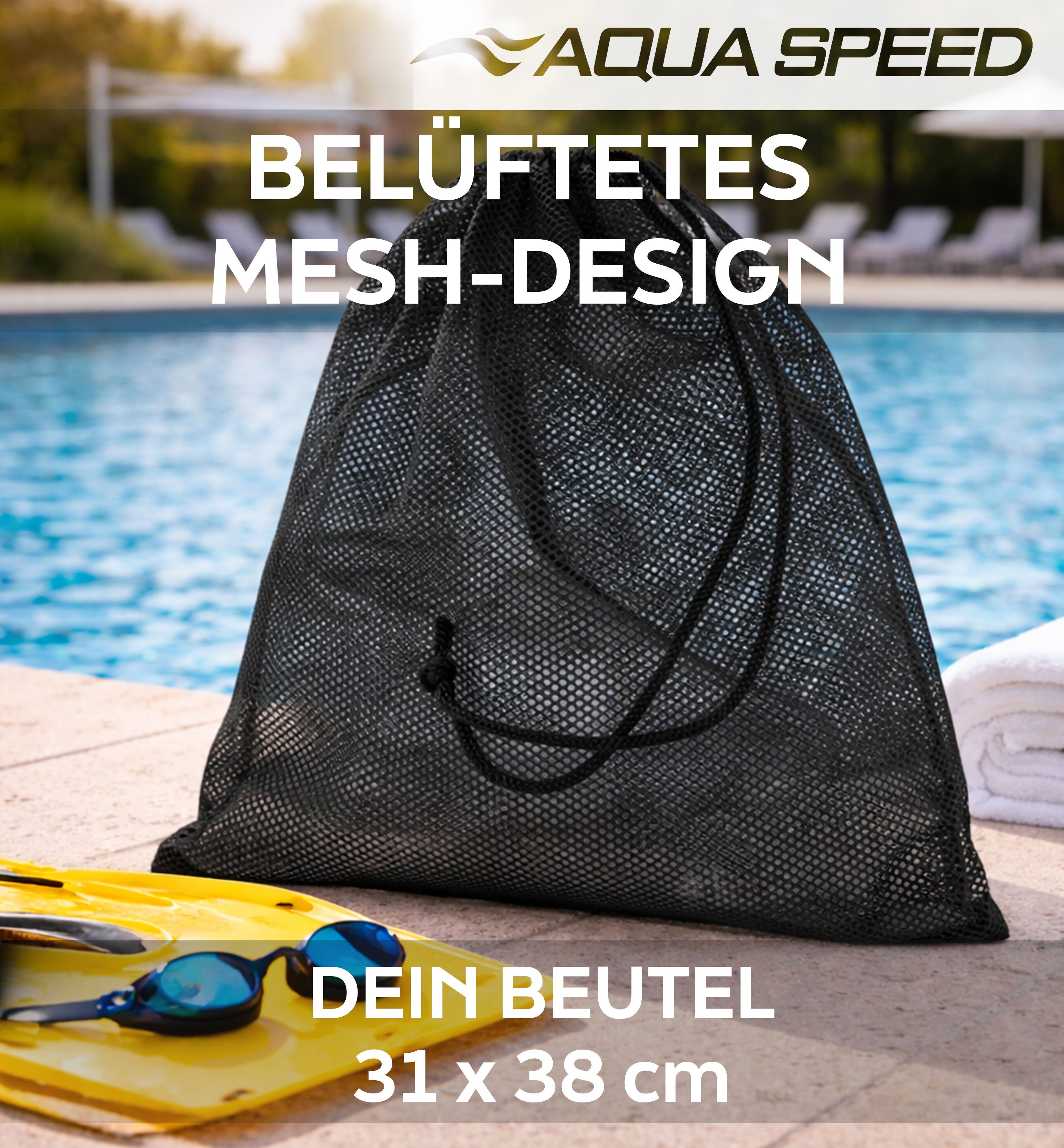 Aqua Speed Turnbeutel Netzbeutel Mesh Sportbeutel 31x38cm schwarz Pool (Belüftete Transporttasche für Schwimmen & Tauchen), Robuste Konstruktion aus widerstandsfähigem Polyester