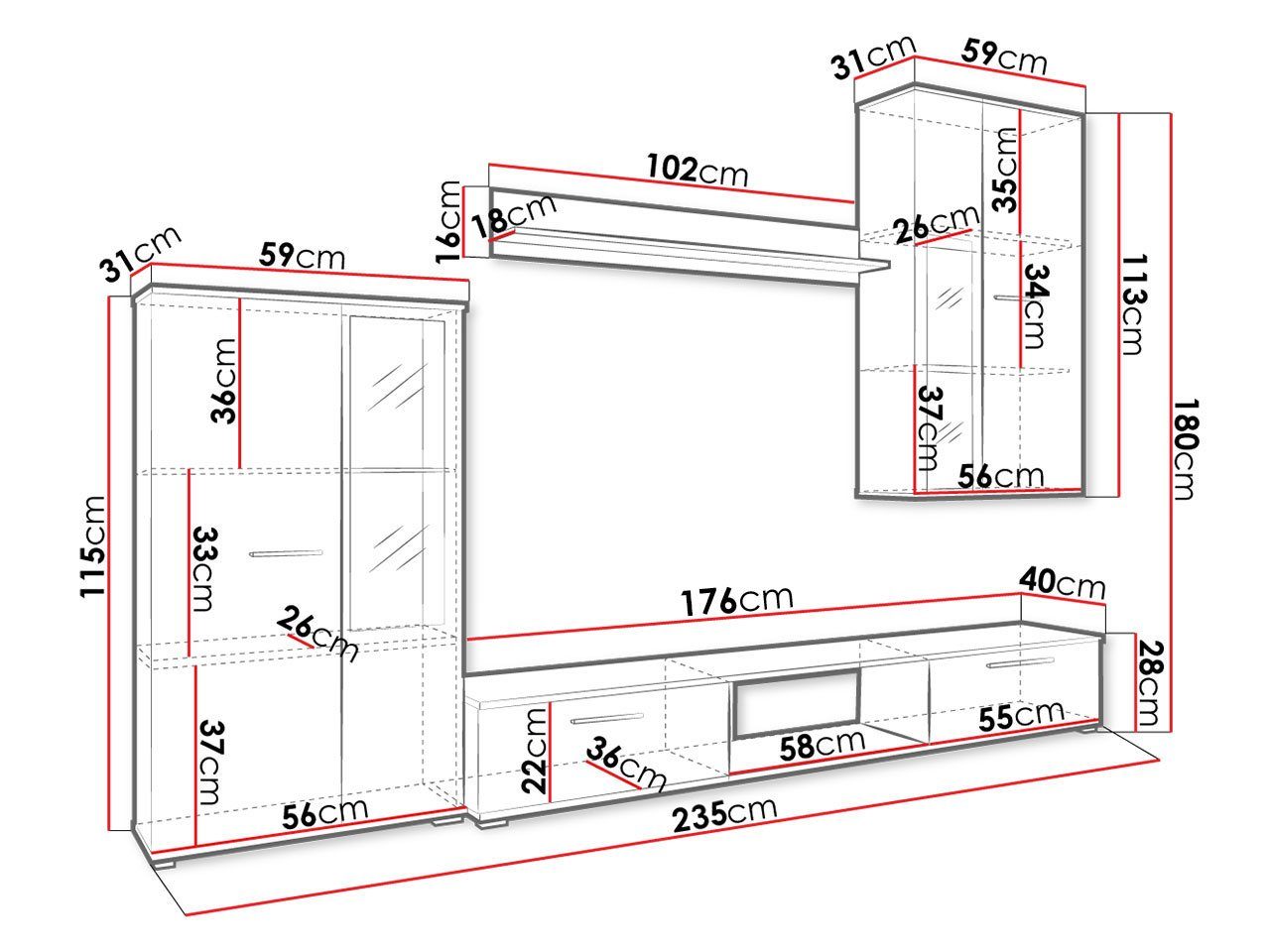 als TV-Lowboard, Weiß Salsa, LED-Beleuchtung Hängevitrine, Vitrine), Glasregale, MIRJAN24 mit (4er-Set, Wandregal, Wohnwand Option