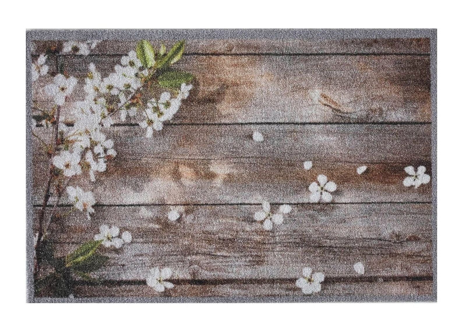 MD Entree Fußmatte Impression Schmutzfangmatte Eingangsmatte Innenbereich, rechteckig, Höhe: 5 mm, bei 30° waschbar, anti-rutsch, 40 x 60 cm, Flowers on Wood, braun