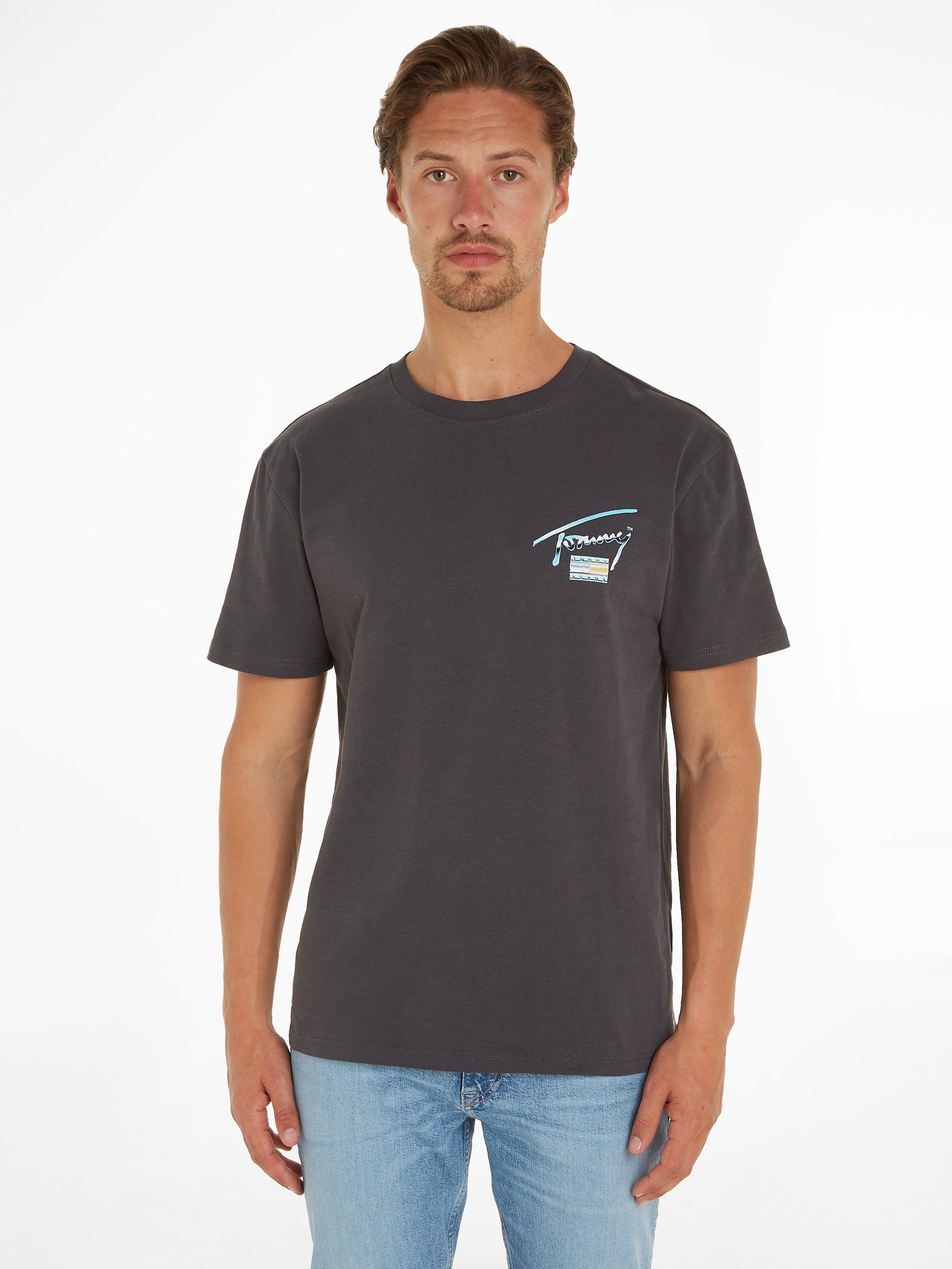 Tommy Jeans T-Shirt TJM REG METALLIC AOP TEE EXT mit großem Tommy Jeans Aufdruck New Charcoal | T-Shirts