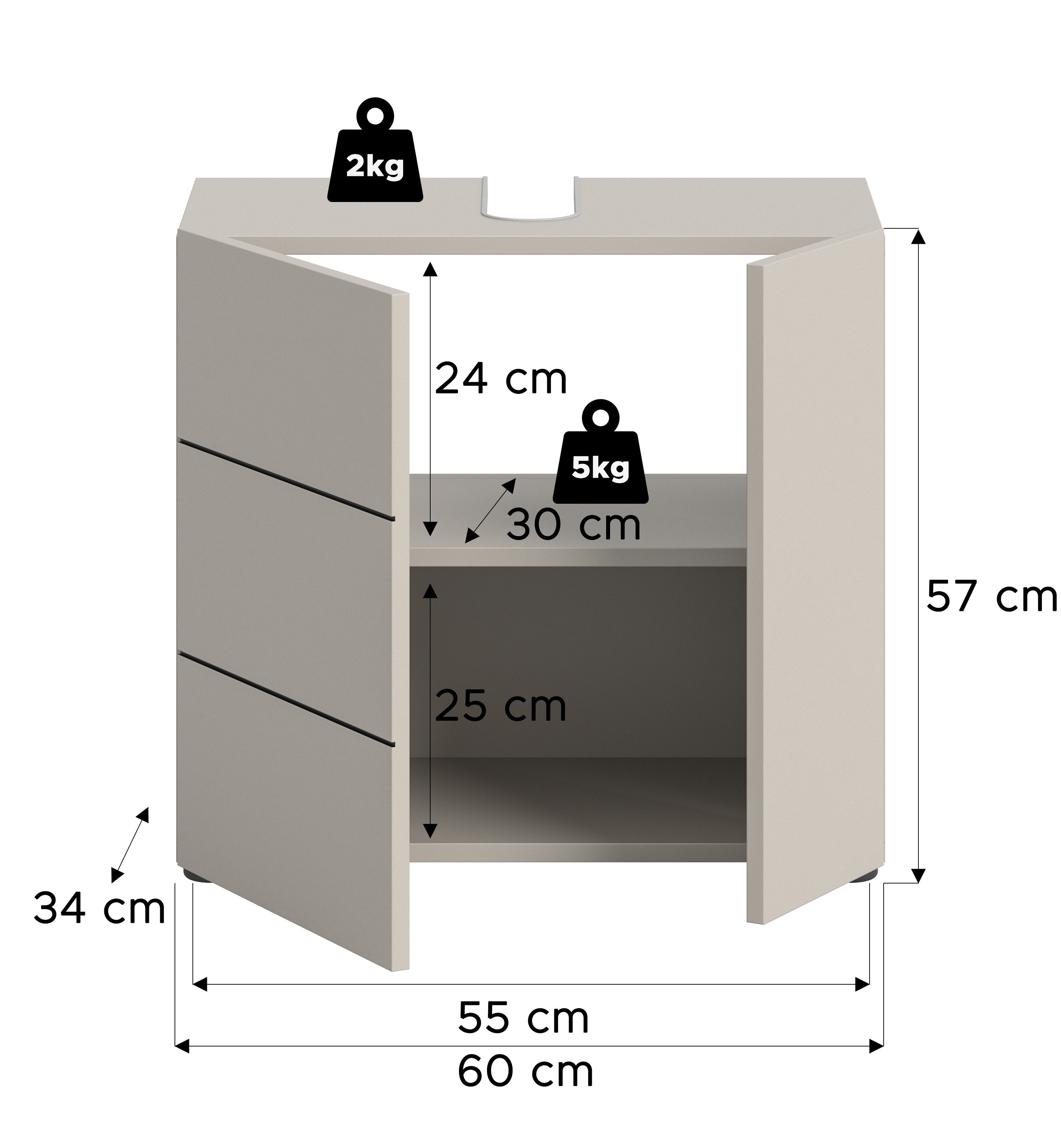 welltime Waschbeckenunterschrank BIEL, Breite: 60 cm, 2 Türen, 2 Fächer, Siphonausschnitt (1-St) Waschbeckenunterschrank, Unterschrank, WBU, Badezimmer, Bad – Bild 5 von 5