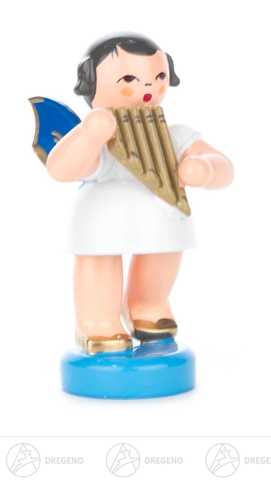 Dregeno Erzgebirge Engelfigur Engel mit Panflöte stehend, blaue Flügel Höhe ca 5,5 cm NEU