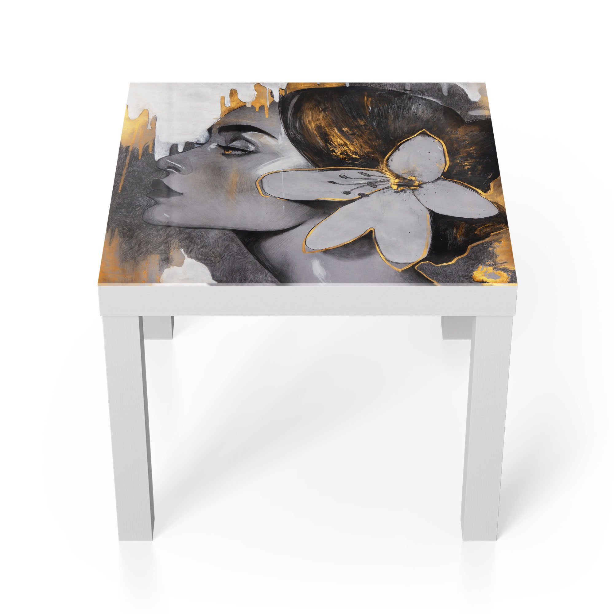 Blüte 'Frau Couchtisch Glastisch im mit Haar', DEQORI modern Weiß Glas Beistelltisch