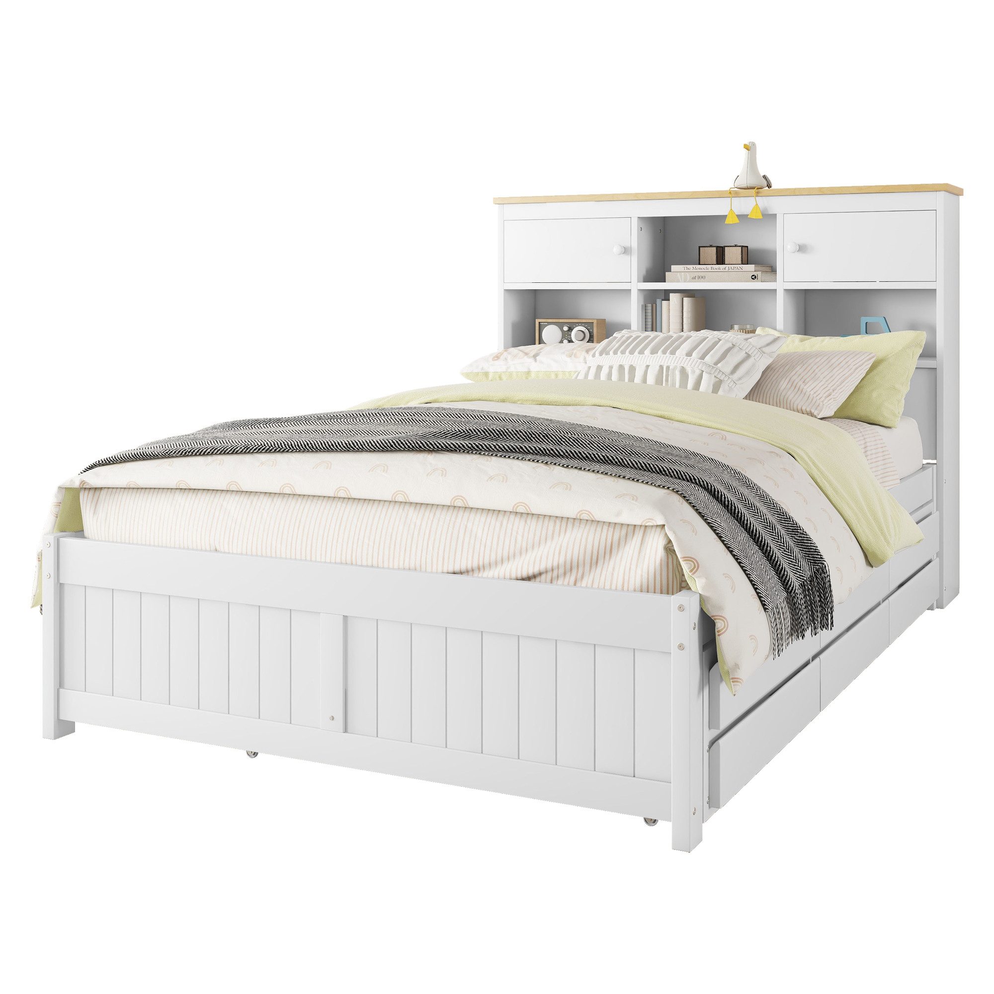 HAUSS SPOLE Holzbett 140x200cm mit Staufächern am Kopfteil, Rollbett, drei Schubladen weiß