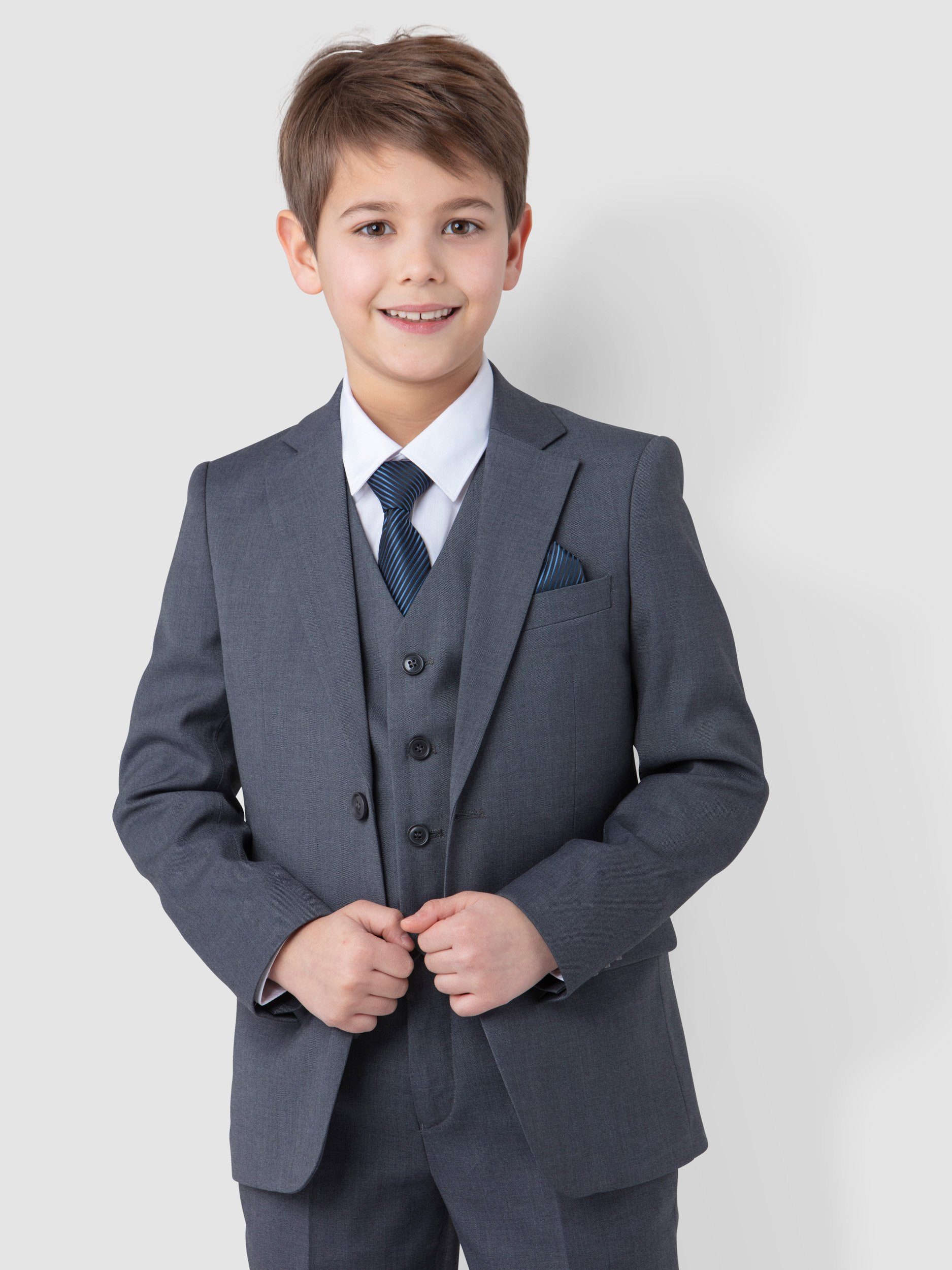 und Hose, Krawatte Anzug Melli-Trends festlich, Hemd, (Sakko, Kommunionanzug elegant in Luxuriöser Grau Einstecktuch) Weste, 6-teilig, Kinderanzug Jungen