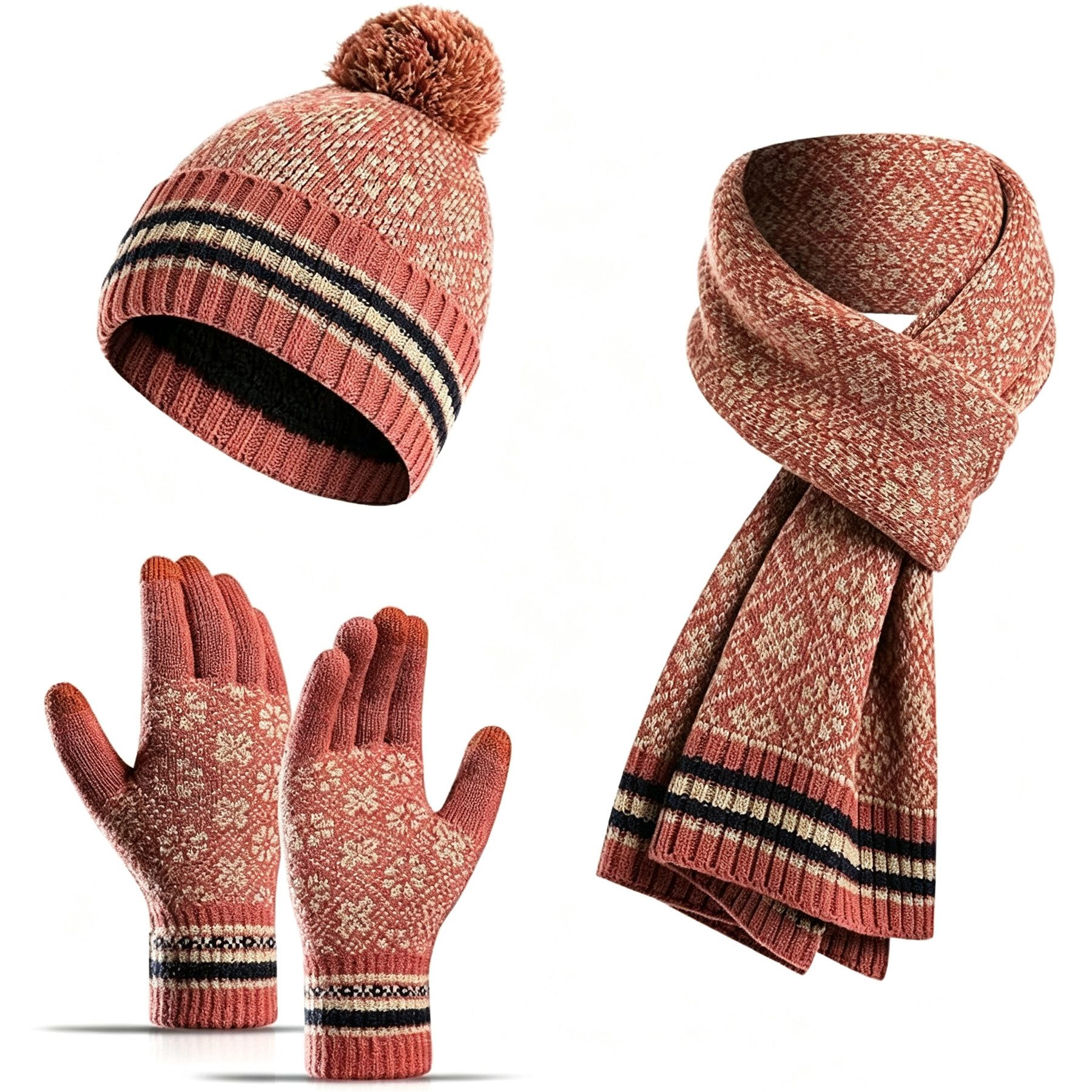 Mutig Mütze & Schal Wintermütze Warm Damen und Herren Schal & Handschuh-Sets 3 in 1 Set (Beanie Mütze Gefütterte Touchscreen Handschuhe …