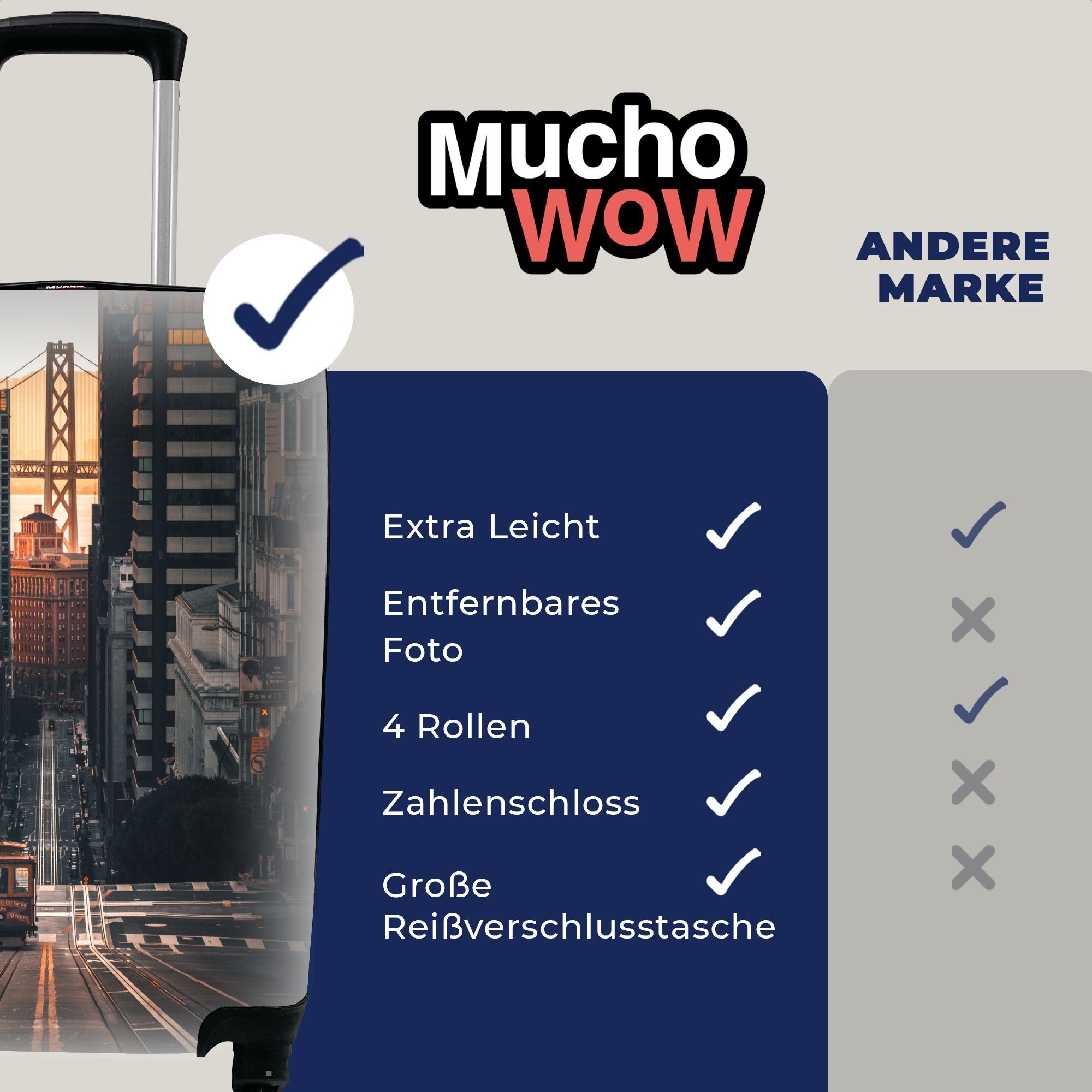 Ferien, fährt Reisekoffer für Handgepäck in Reisetasche die San hoch, Im mit Straßenbahn Handgepäckkoffer Francisco Morgengrauen rollen, 4 MuchoWow Rollen, Trolley,