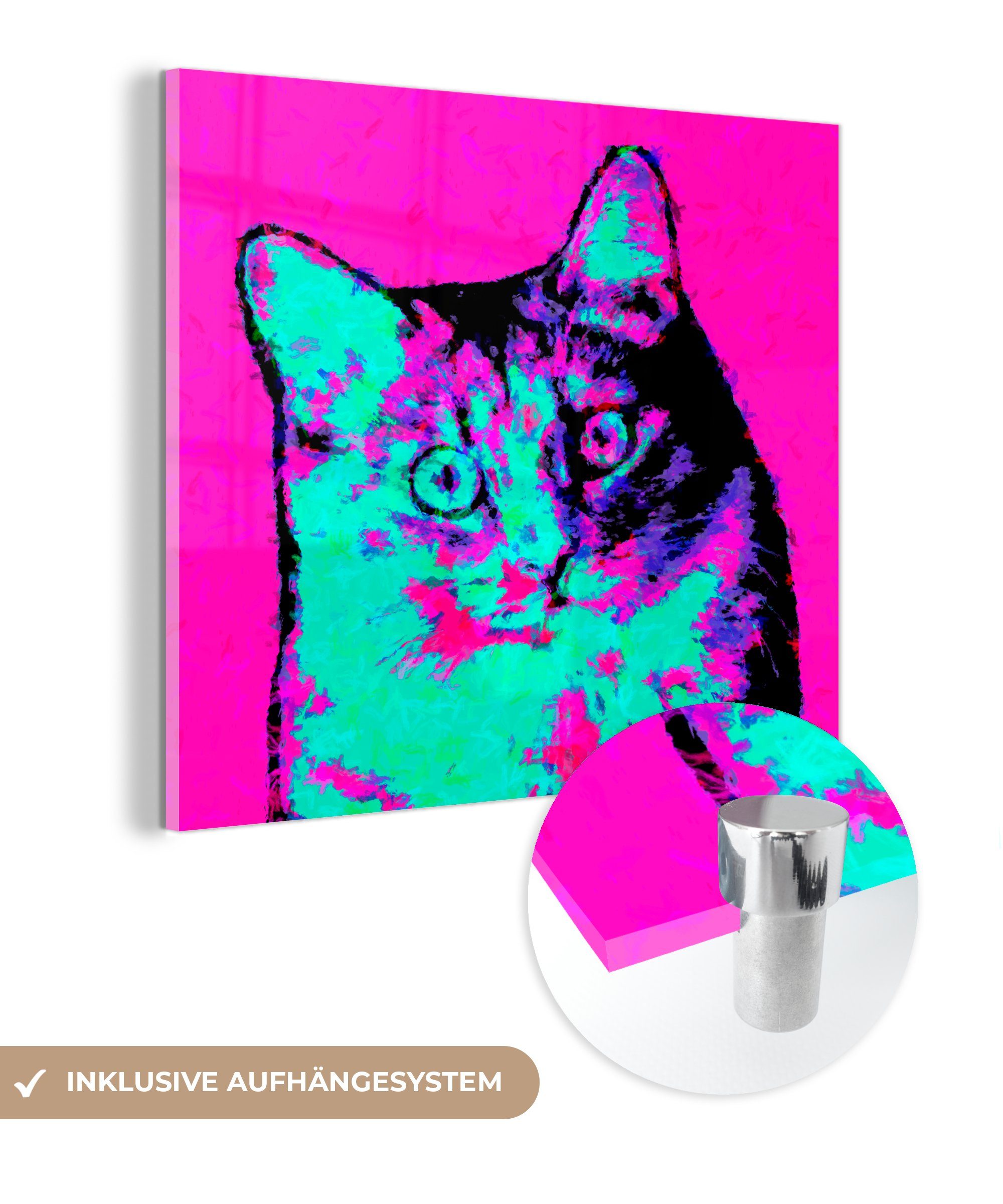 MuchoWow Acrylglasbild Farbige Pop-Art-Katze, (1 St), Glasbilder - Bilder auf Glas Wandbild - Foto auf Glas - Wanddekoration
