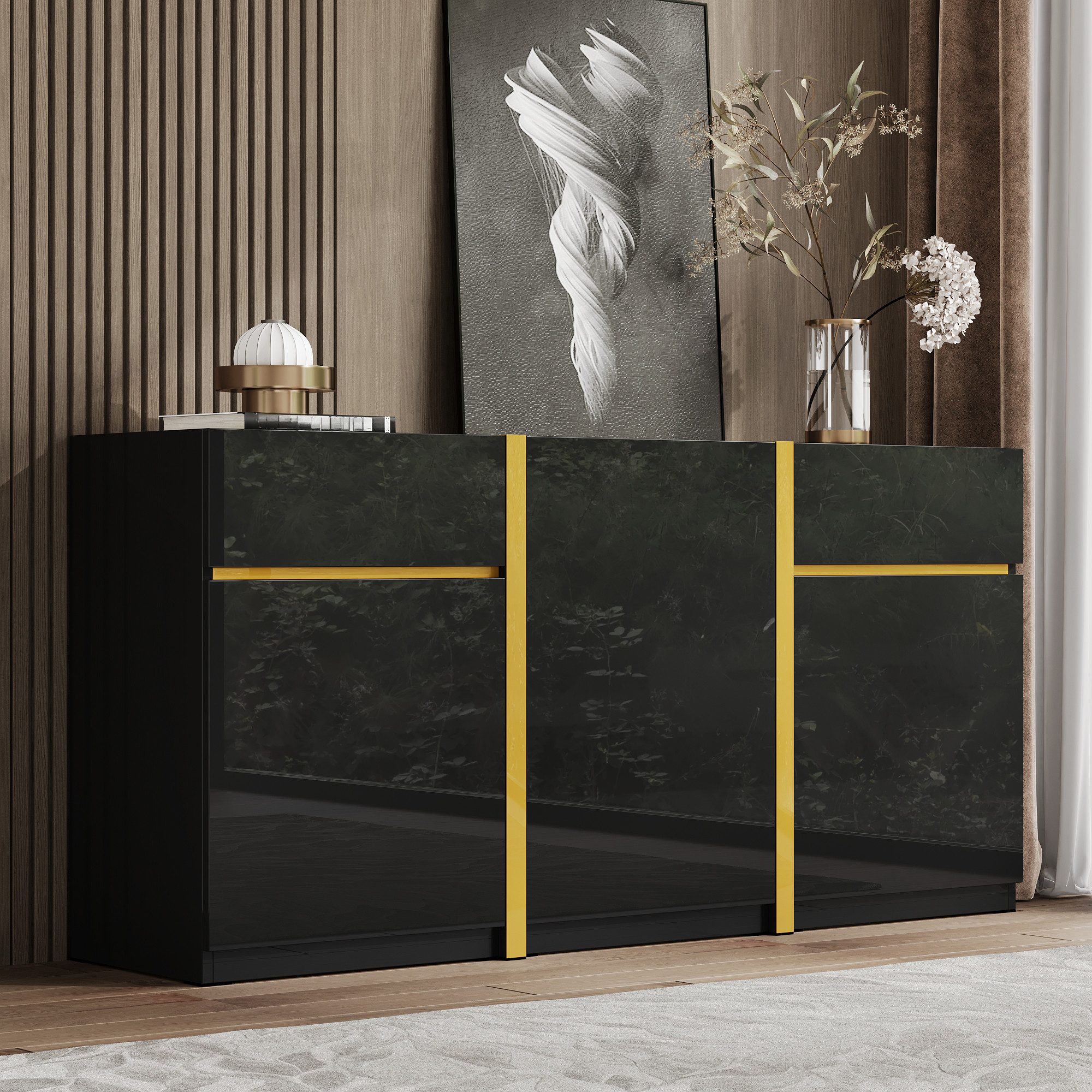 Refined Living Sideboard Hochglanz Sideboard 160 cm, 3 Türen, 2 Schubladen, Stauraum (Schwarz, Hochglanz Sideboard 160x40x78 cm, 3 Türen, 2 Schubladen, 1 St., verstellbare Böden, goldene Details, modernes Design), für Wohnzimmer, Esszimmer, TV-Schrank, Stauraum, MDF, PB, pflegeleicht