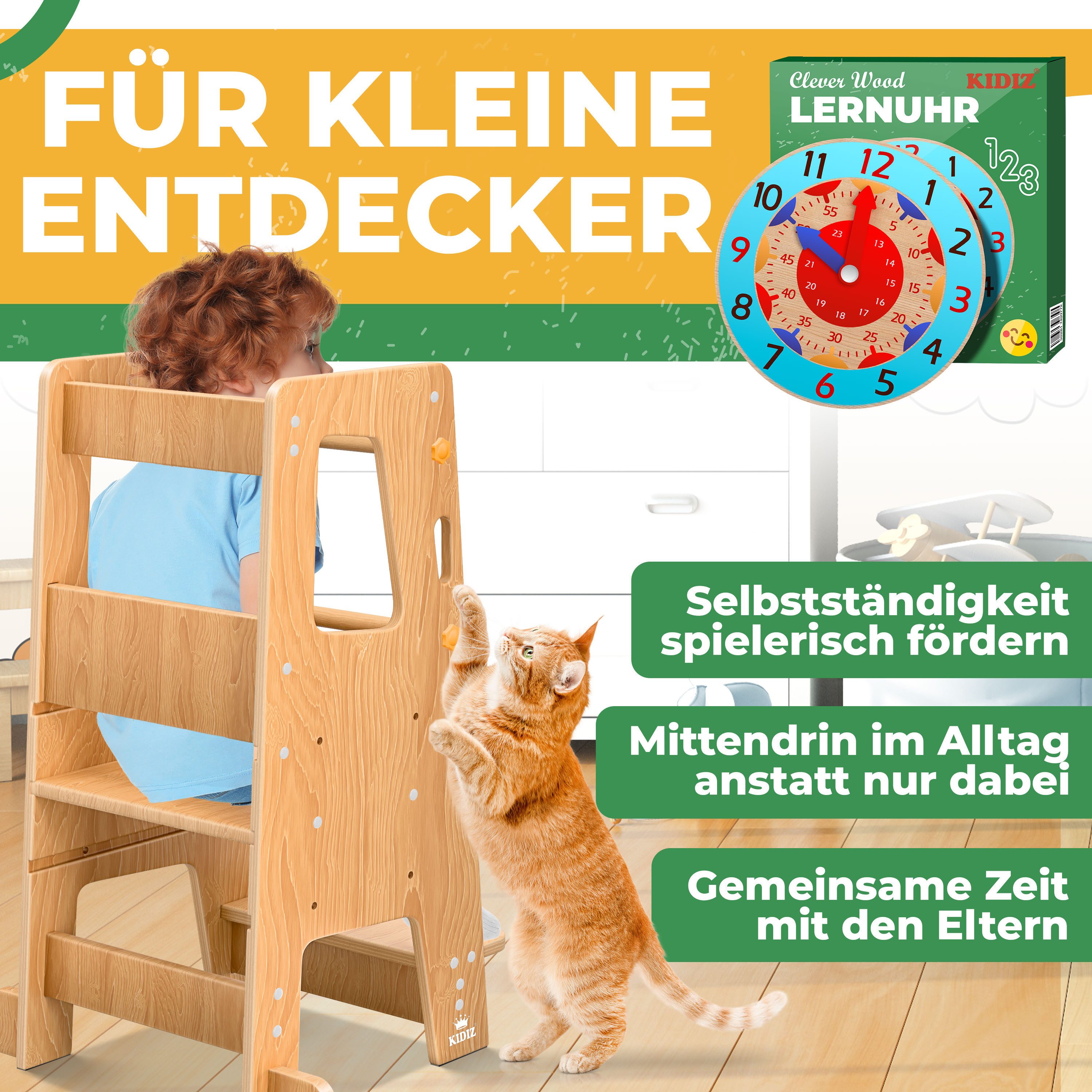 KIDIZ Stehhilfe (Tritthocker inklusive Lernuhr & abnehmbarer Anti-Kipp-Schutz), 3-stufig Höhenverstellbar, spielerisch motorische Fähigkeiten fördern