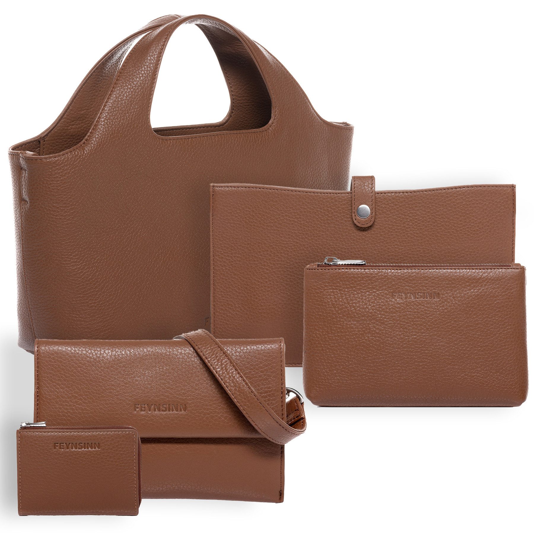 FEYNSINN Umhängetasche echt Leder Henkel groß Laptop-Hülle tobacco, Henkeltasche Echtleder für Damen, Ledertasche hellbraun-cognac