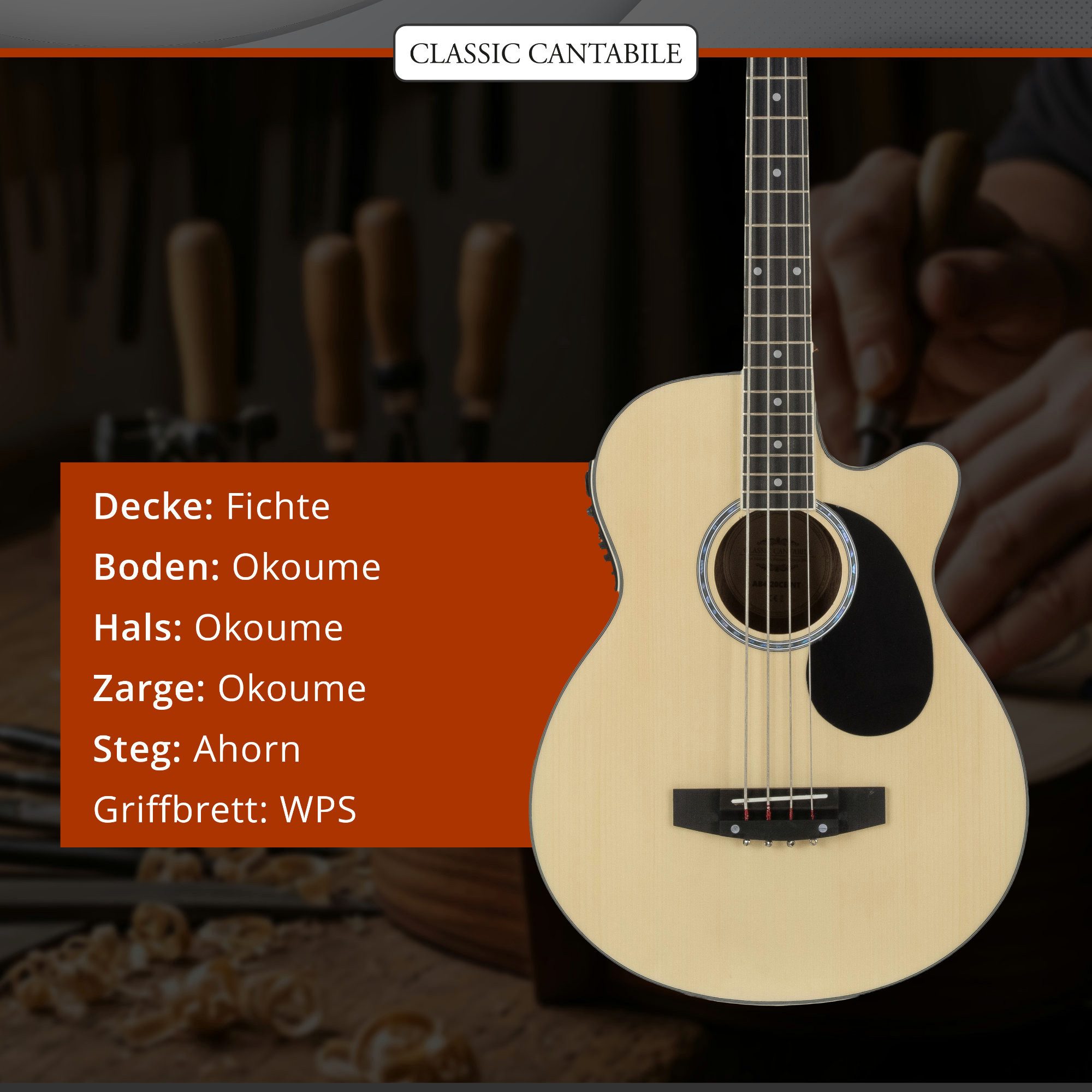 Classic Cantabile Akustik-Bass Classic Cantabile AB4-20CE-NT Akustik Bass Natural, Grand Concert mit Cutaway, Undersaddle-Piezo mit EQ-7545R Preamp