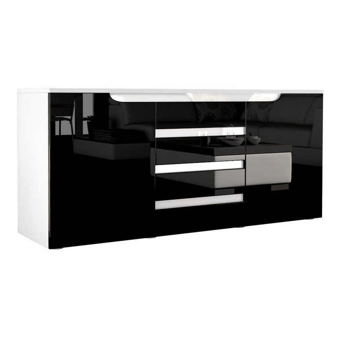 Vladon Sideboard Sylt (Kommode mit 2 Türen und 4 Schubladen) Weiß matt/Schwarz Hochglanz/Weiß Hochglanz (139 x 72 x 35)