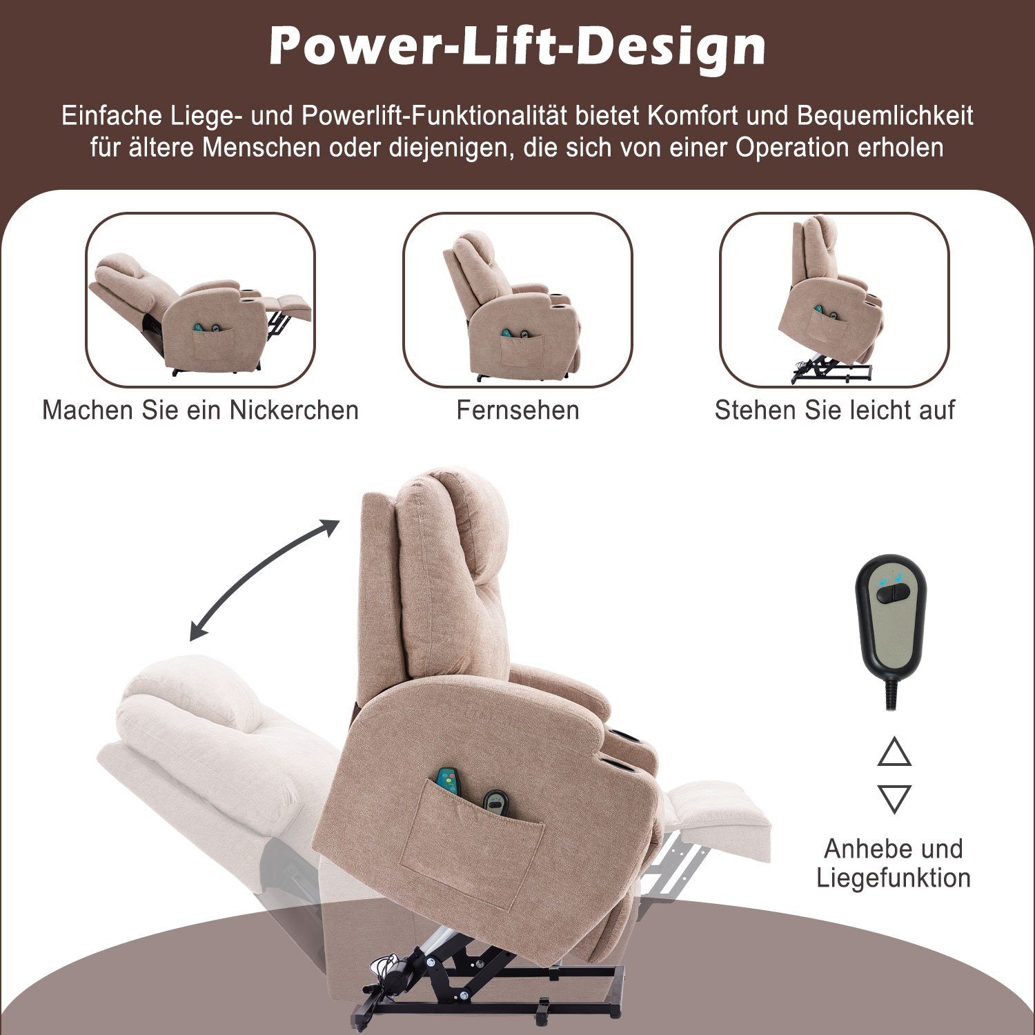 und Fernbedienung USB mit Massagesessel Hellbraun Merax Vibrationsmassage, TV-Sessel Wärmefunktion und relaxfunktion,