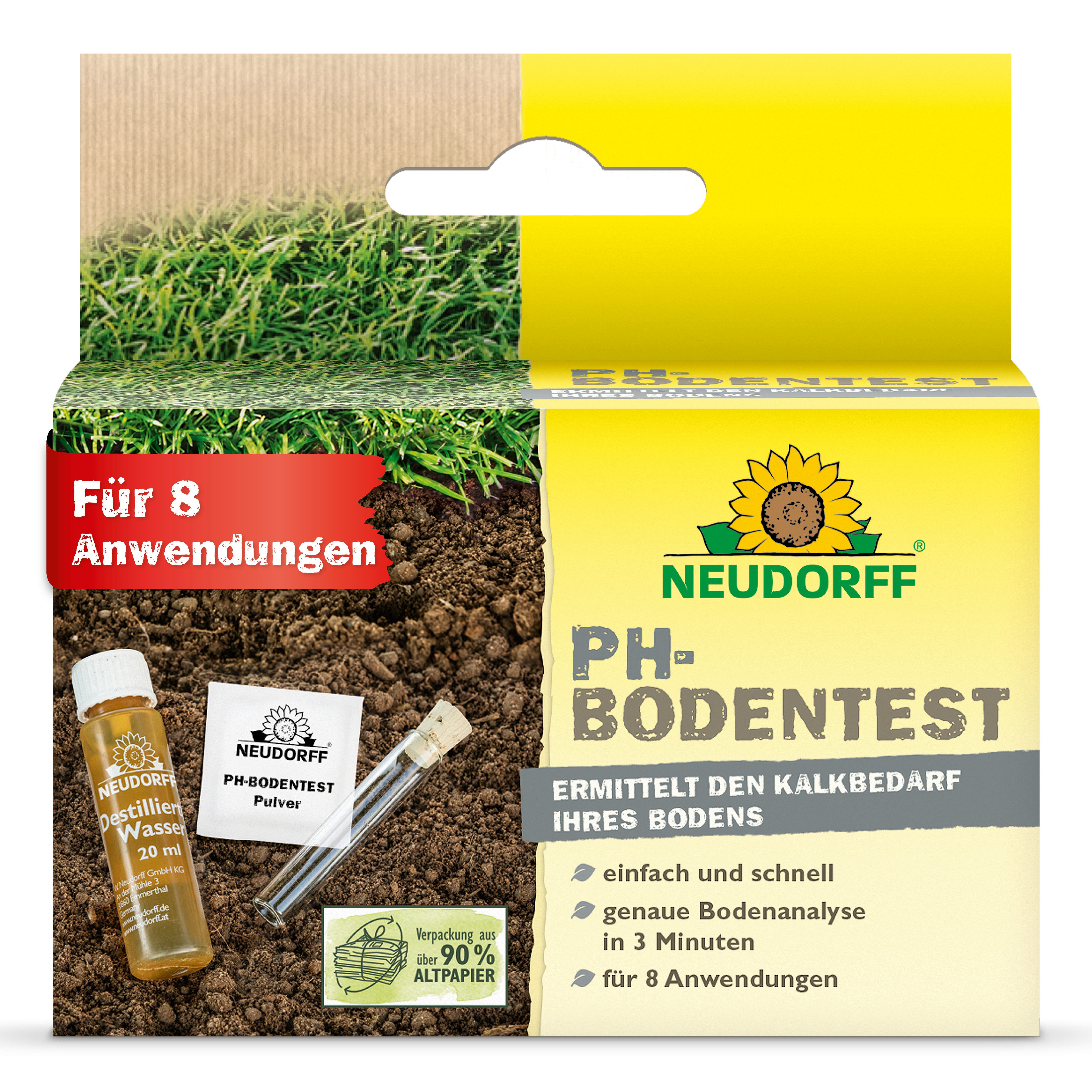 Neudorff Bodentest pH Bodentester für 8 Anwendungen, 1 Messparameter, Bodentest zur pH-Wert- & Kalkbedarfsermittlung, Komplettes Testset mit Farbskala für 8 Bodenanalysen, Genaue pH-Bodenanalyse in nur 3 Minuten