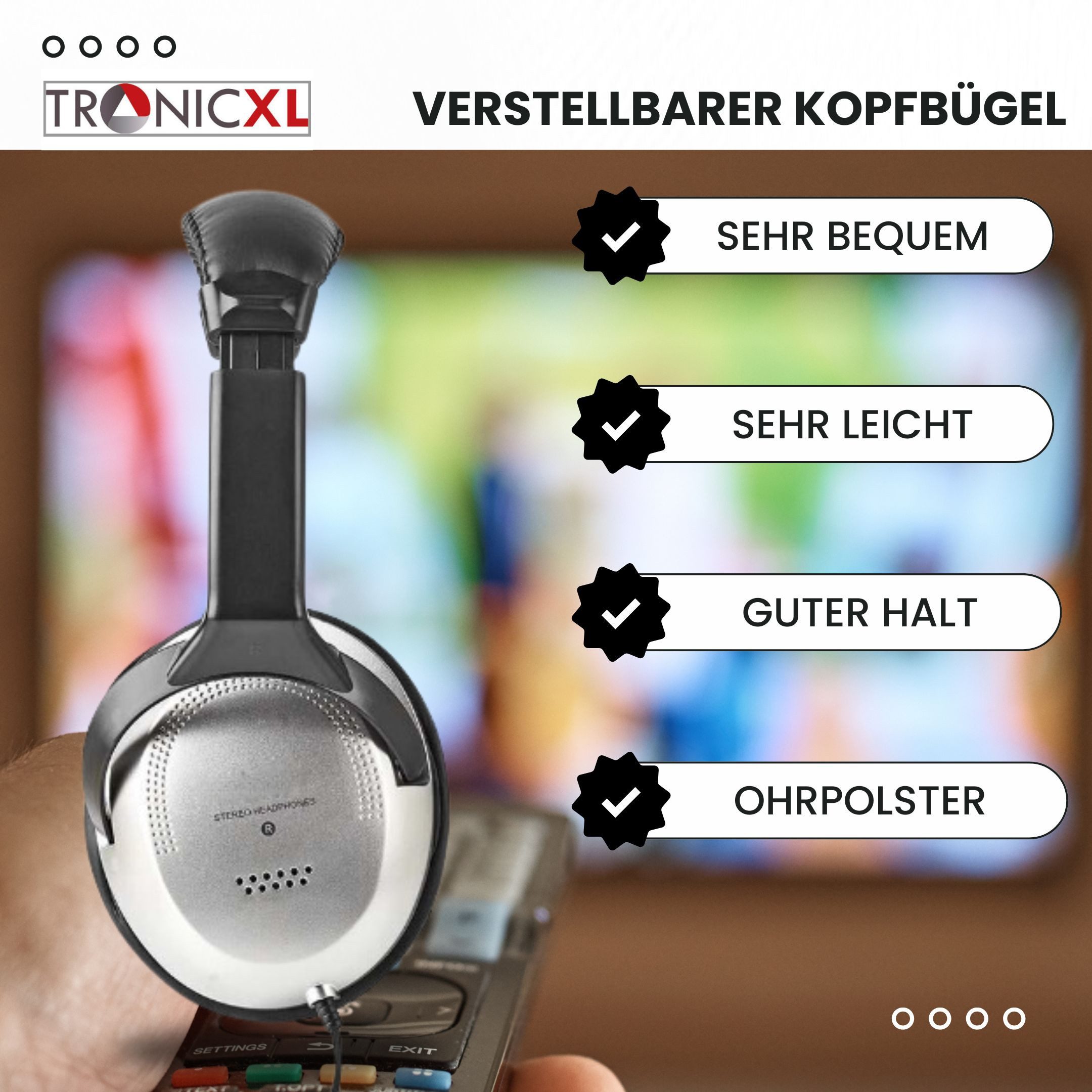 TronicXL Fernsehkopfhörer Kopfbügel 6m langes Kabel TV Klinke Fernseher 6,35mm HiFi-Kopfhörer (kabelgebunden)