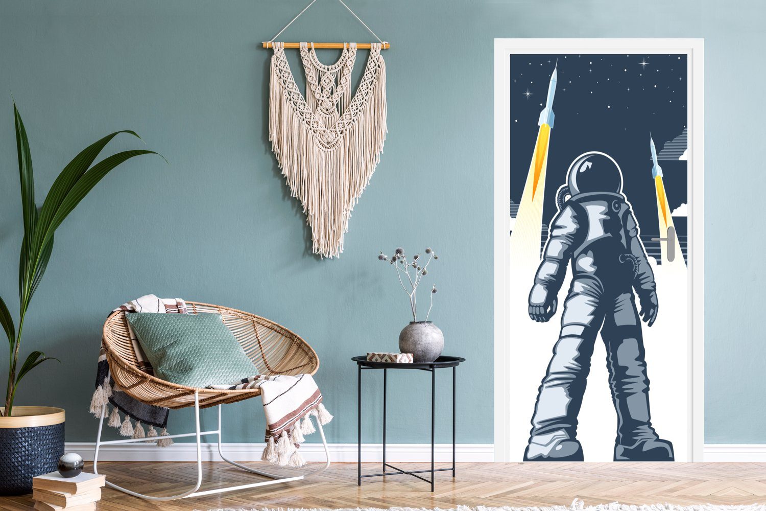 Astronaut (1 Tür, Fototapete bedruckt, cm - - Türaufkleber, Weltraum, Matt, 75x205 MuchoWow für Türtapete St), Rakete