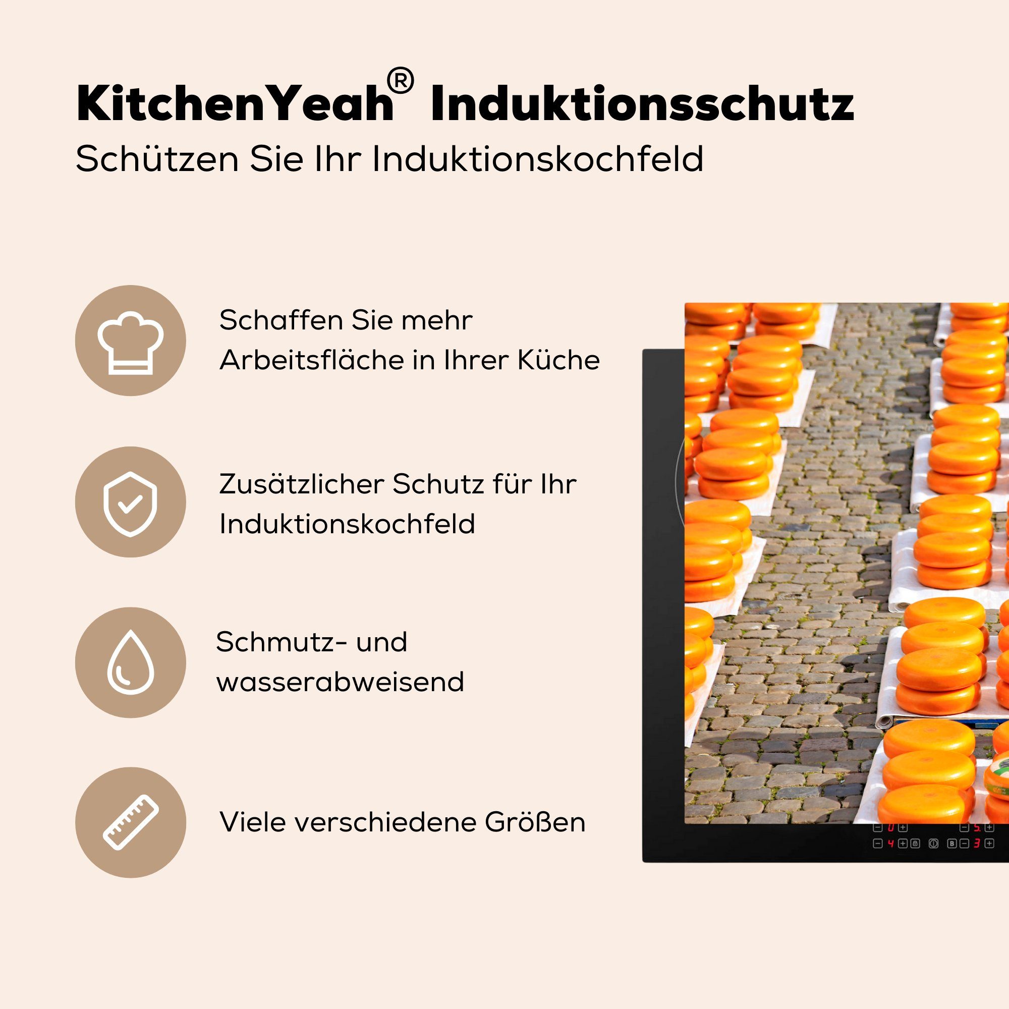 Käse (1 Markt, Ceranfeldabdeckung für Gouda MuchoWow - Induktionskochfeld tlg), - küche, 81x52 cm, Schutz Herdblende-/Abdeckplatte Vinyl, die
