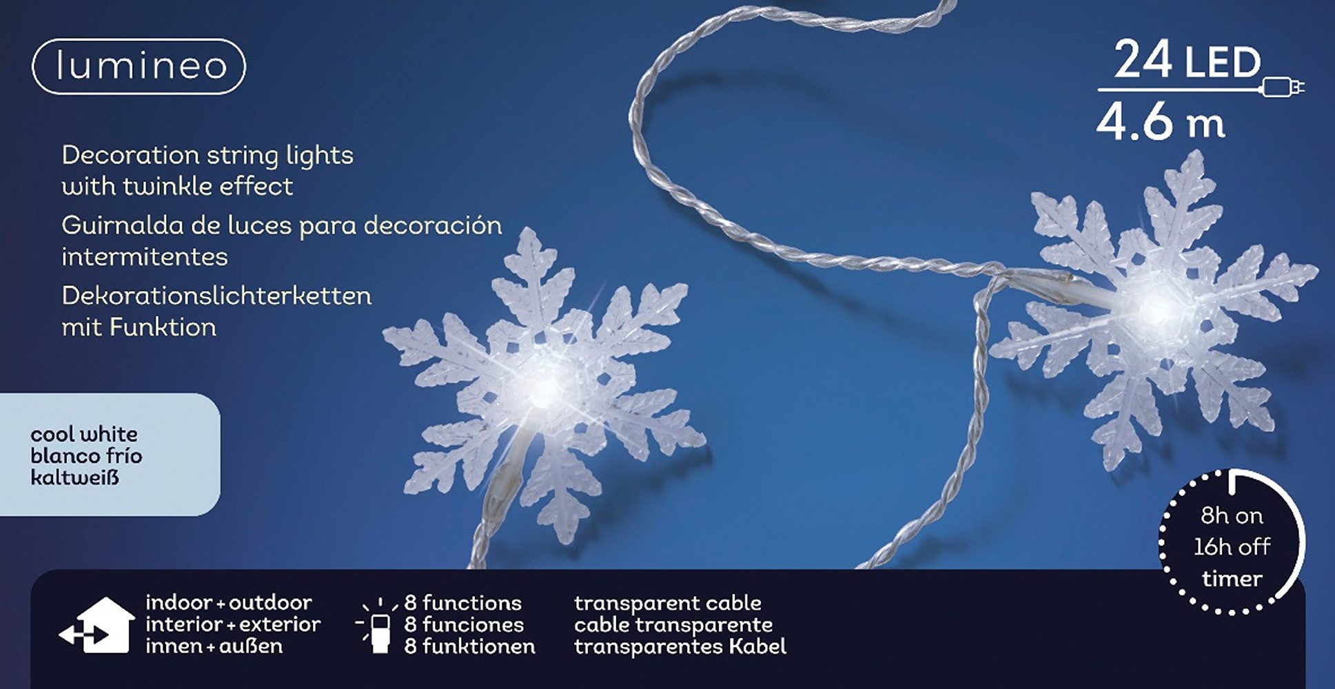 Lumineo LED-Lichterkette Lumineo Schneeflocken-Lichterkette 24 LED 4,6 m kaltweiß, trans. Kabel, 8h-Timer, transparentes Kabel, Indoor, Outdoor