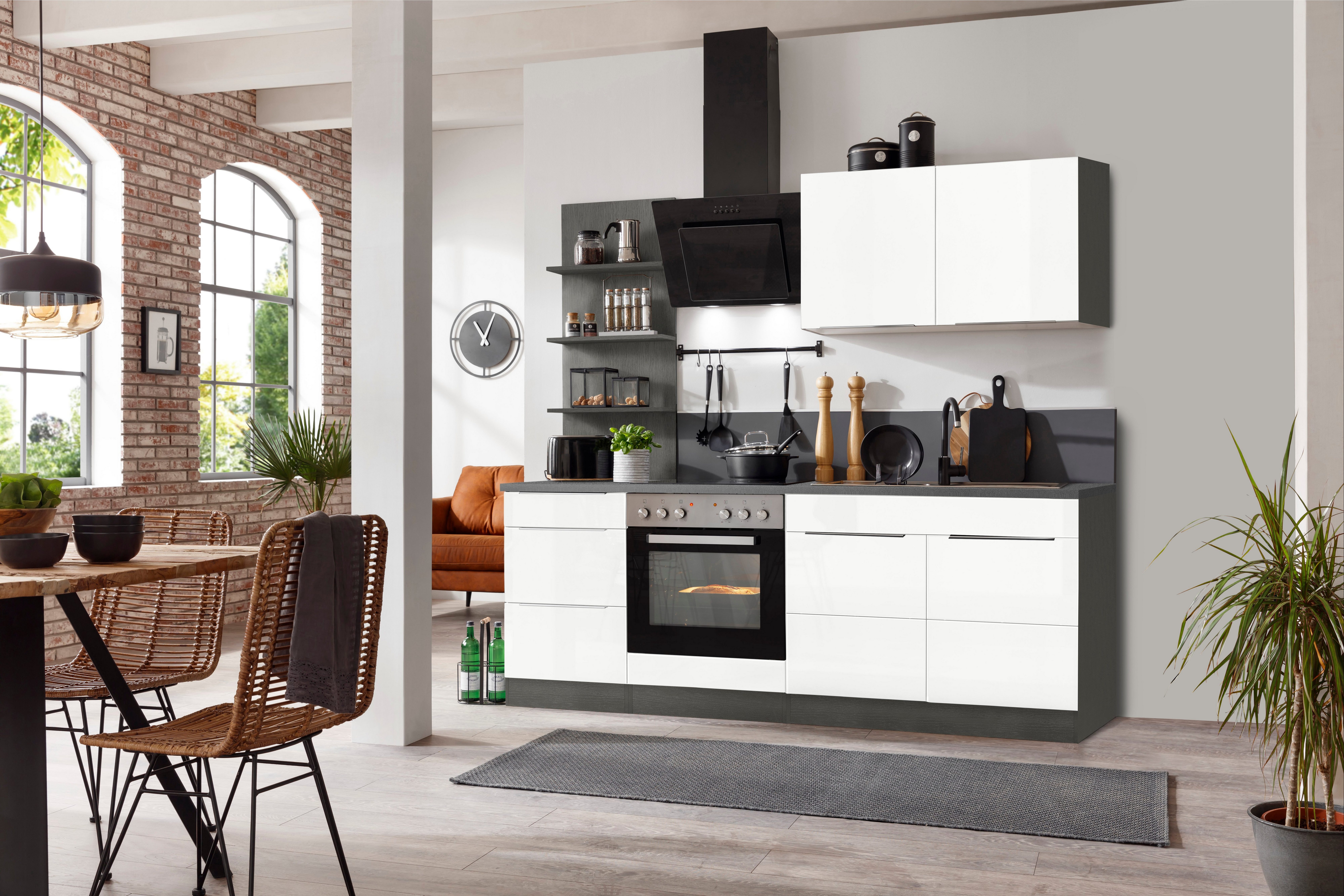 KOCHSTATION Küchenzeile KS-Brindisi, Breite 210 cm, wahlweise mit E-Geräten, mit MDF-Fronten und Regal
