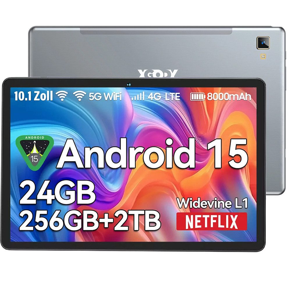 XGODY P60 Pro Tablet (10.1", 256 GB, Android 15, 4G, LTE (2 SIM Slot) Octa-Core Tablet mit 5G WiFI, Widevine L1)