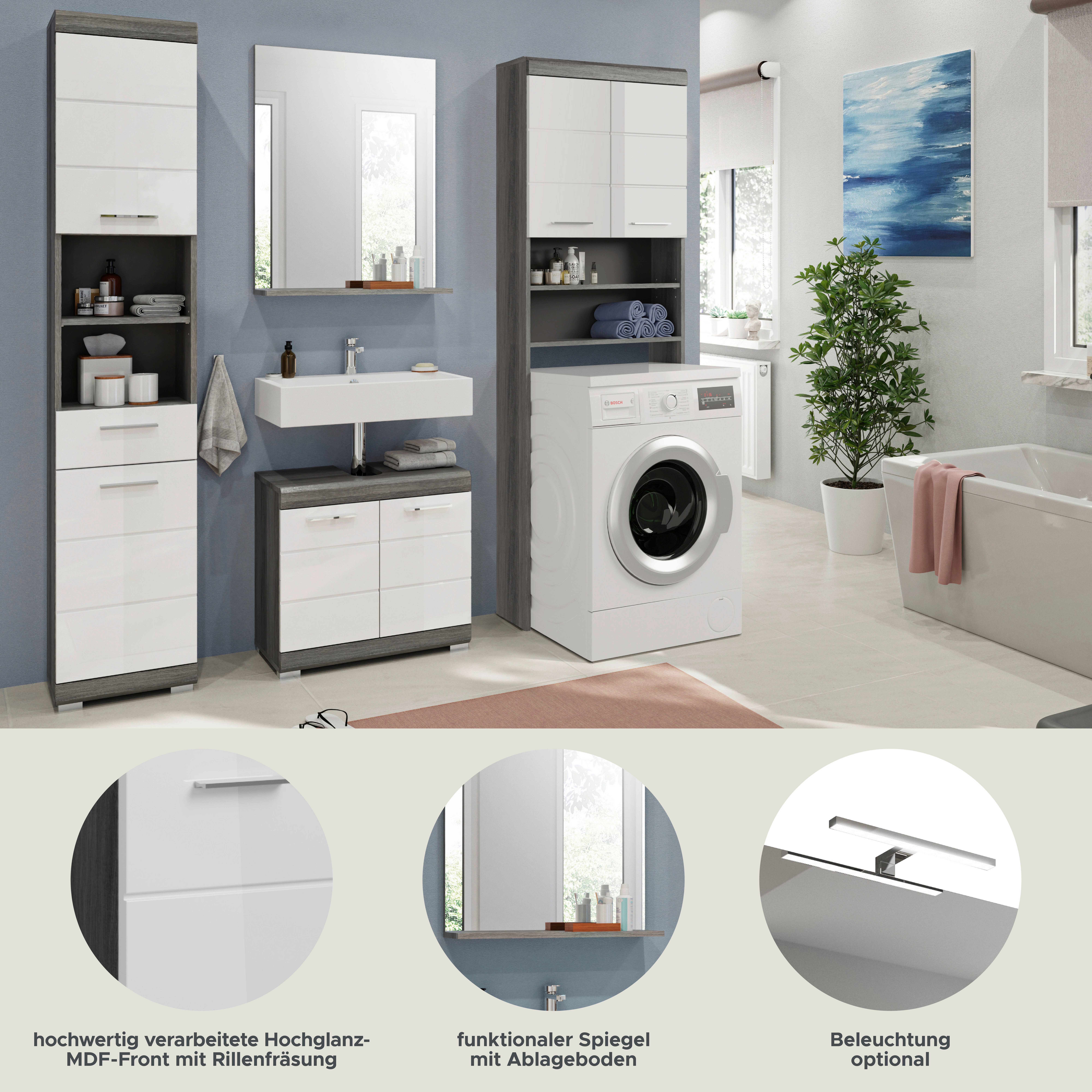 furnling Badmöbel-Set Scott, (4-St., bestehend aus Hochschrank, Spiegel, Waschmaschinenumbauschrank, WBU), viel Stauraum, modern, Badmöbel, Badezimmermöbel, Komplett-Set