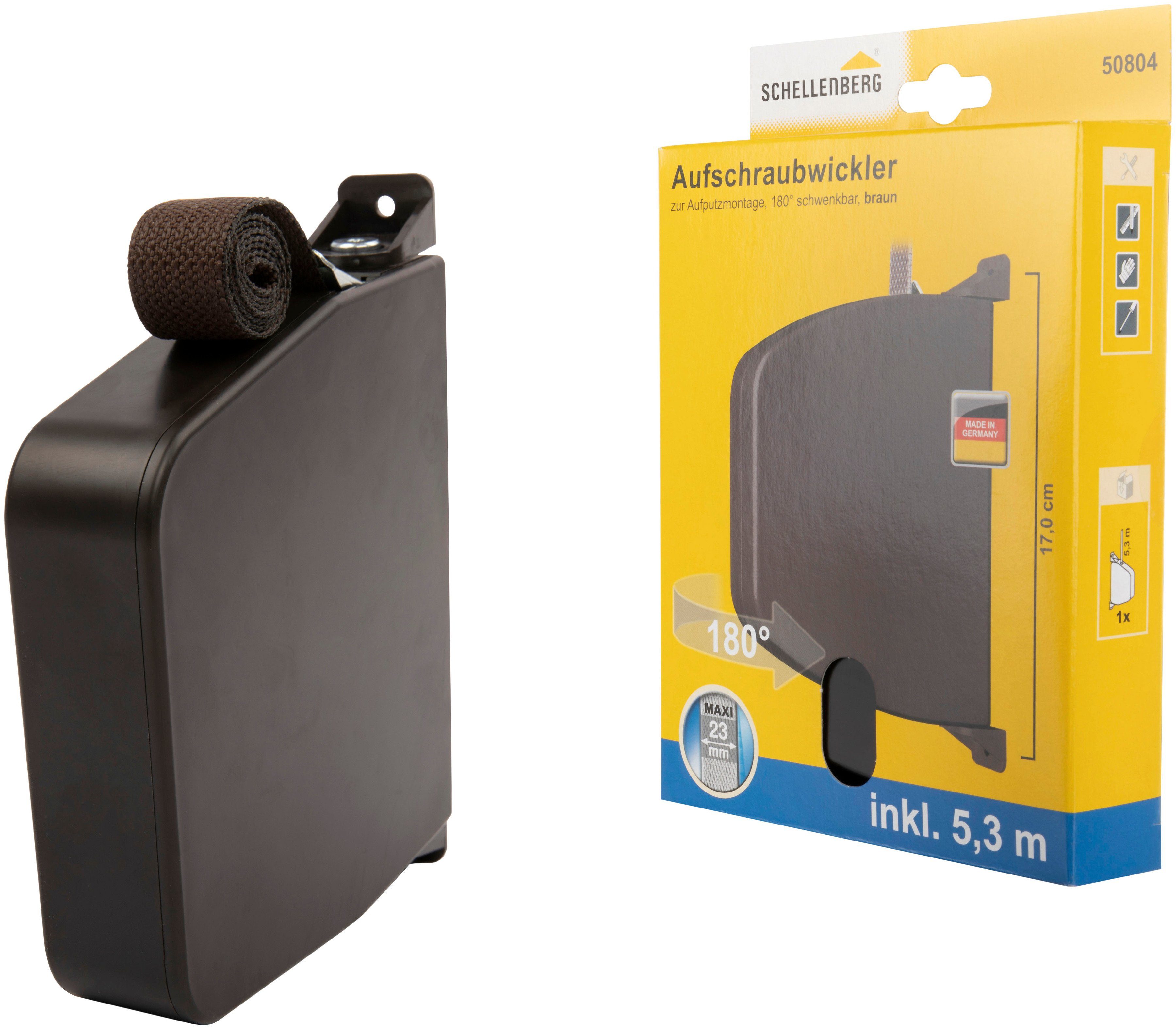 SCHELLENBERG Aufputz-Gurtwickler Aufschraubwickler für das Rollladensystem Maxi, Set, 1-tlg., schwenkbar, mit vormontiertem Rollladengurtband, weiß oder braun