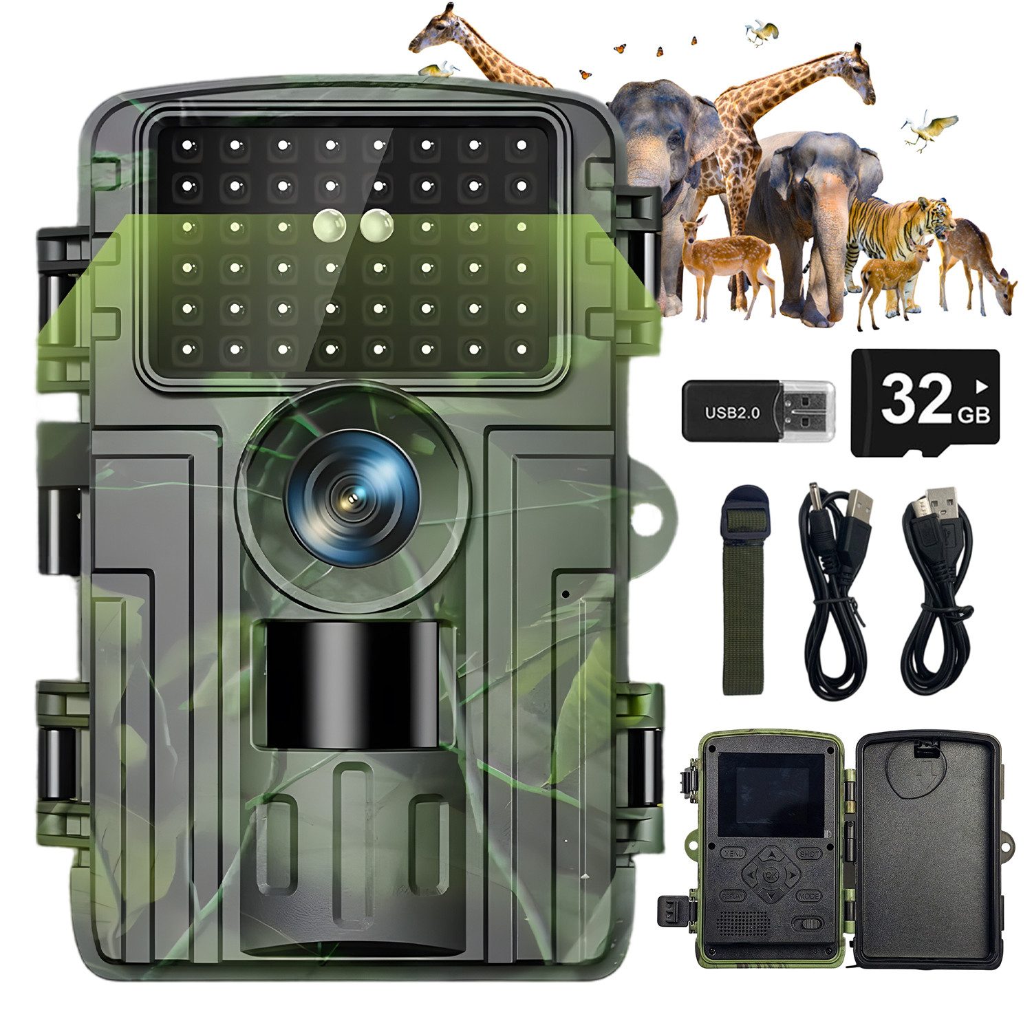 AKKEE Wildkamera 4K Video Wildtierkamera, 60MP Full HD WiFi, 0,1s Auslösezeit, IP66 (32GB SD)