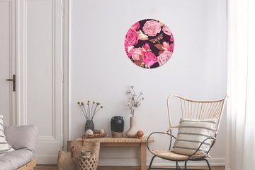 MuchoWow Gemälde Rosen - Schmetterlinge - Natur, (1 St), Kreis Wanddekoration Forex, Rundes Wandbild, Wohnzimmer, 30x30 cm