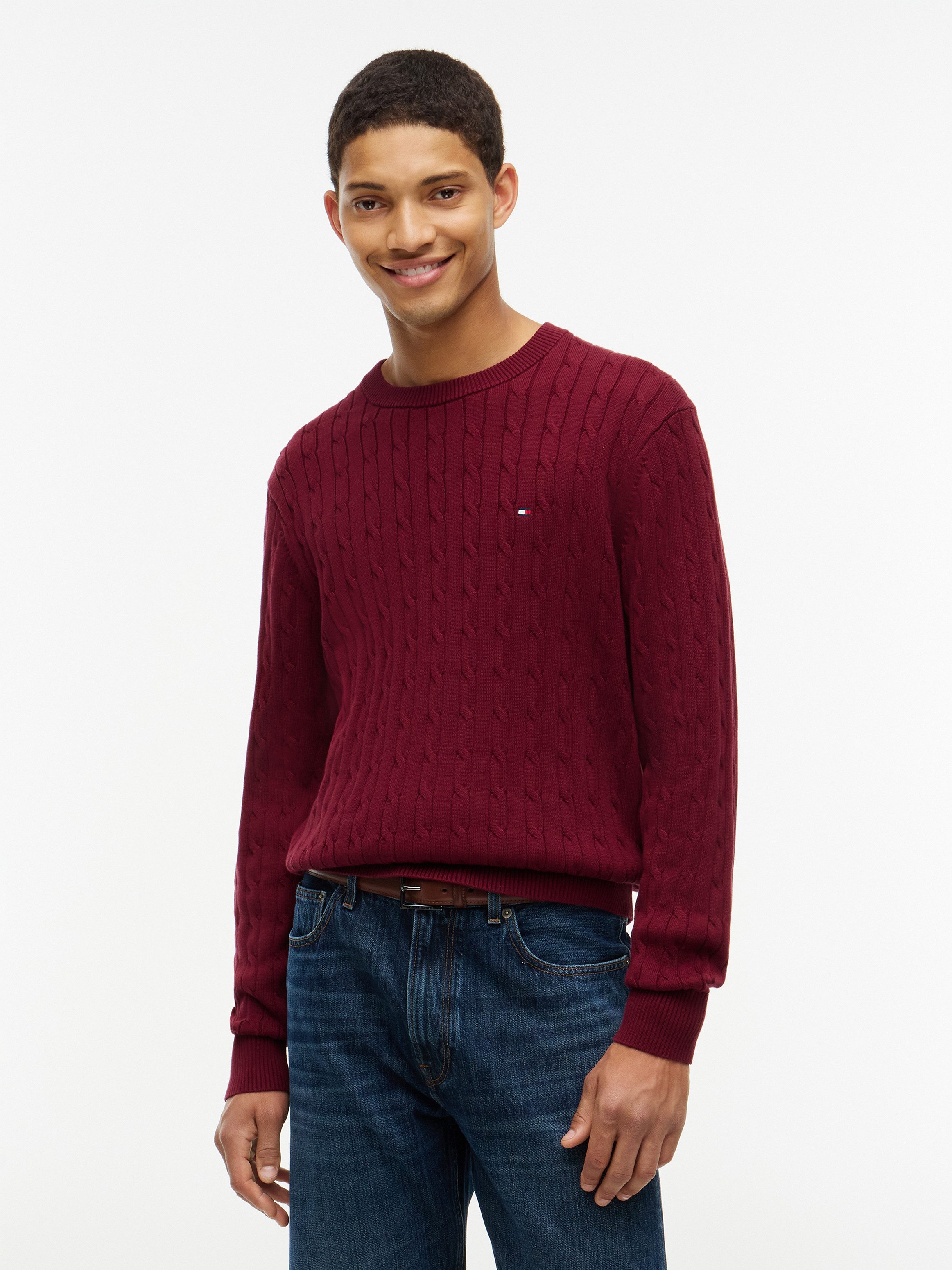 Tommy Hilfiger Strickpullover CLASSIC CABLE CREW NECK mit Strukturstrick und Flaglabel unifarben, casual, regular fit, Baumwolle, Rundhals