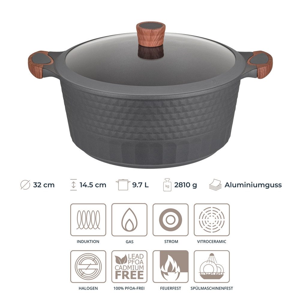 RESTO Kitchenware Kochtopf Capella, Schmortopf antihaftbeschichtet und spülmaschinenfest, Aluminiumguss (2-tlg), mit Glasdeckel und stoßdämpfendem Silikonrand, im Geschenkkarton