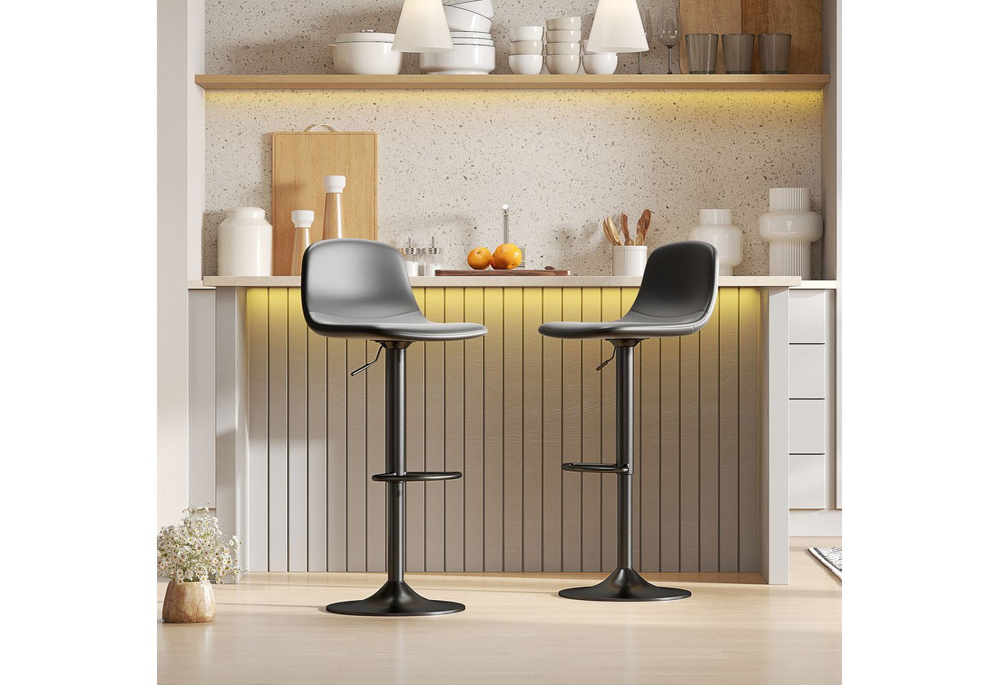HOMCOM Barhocker Höhenverstellbar Drehbar Barstuhl mit Rückenlehne und Fußstütze (Hocker, 2 St., Tresenhocker), Rutschfest, Kunstleder, Schwarz