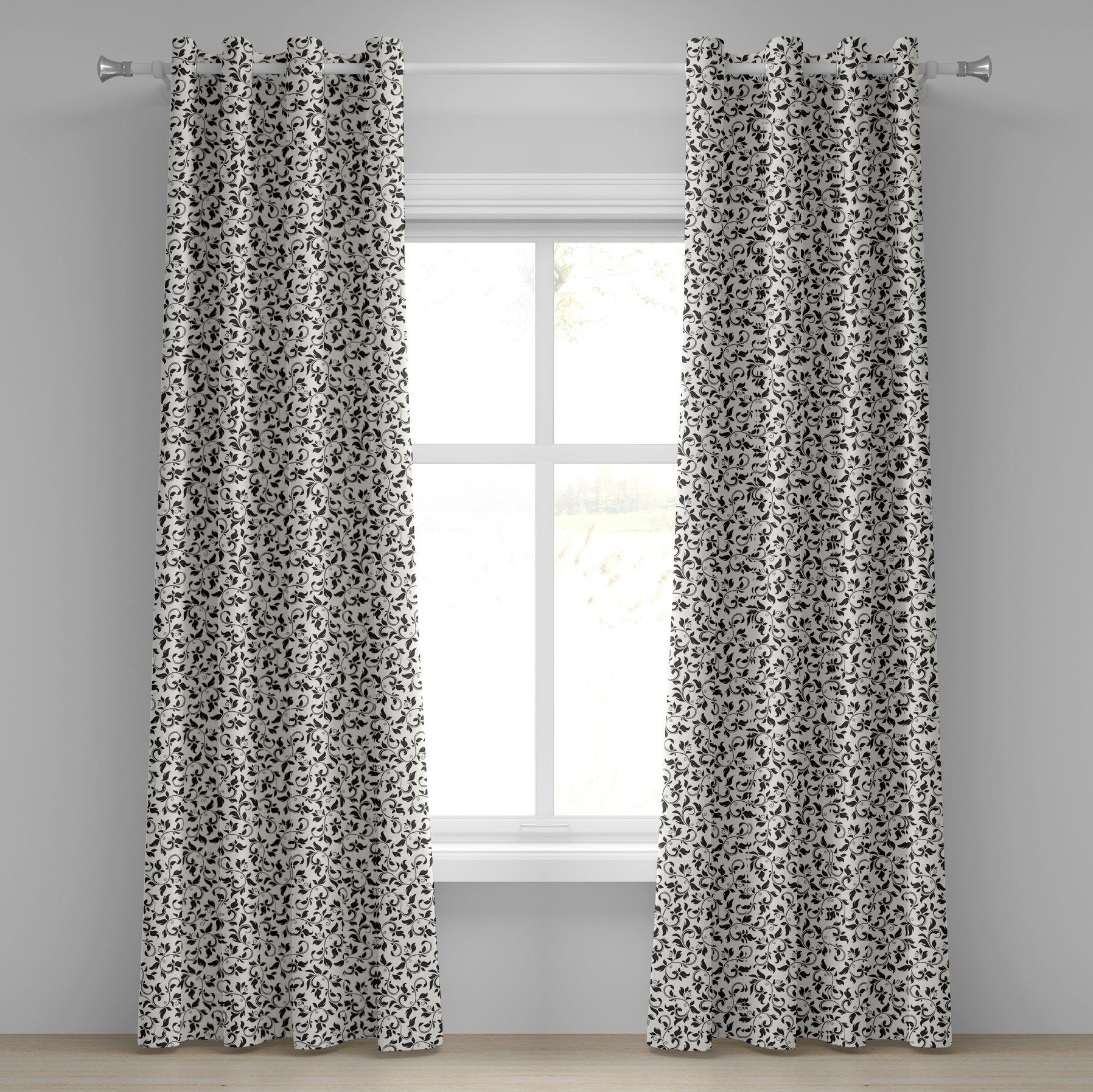 Gardine Blatt 2-Panel-Fenstervorhänge Dekorative Monochrome für Wohnzimmer, Abakuhaus, Scroll-Muster Schlafzimmer