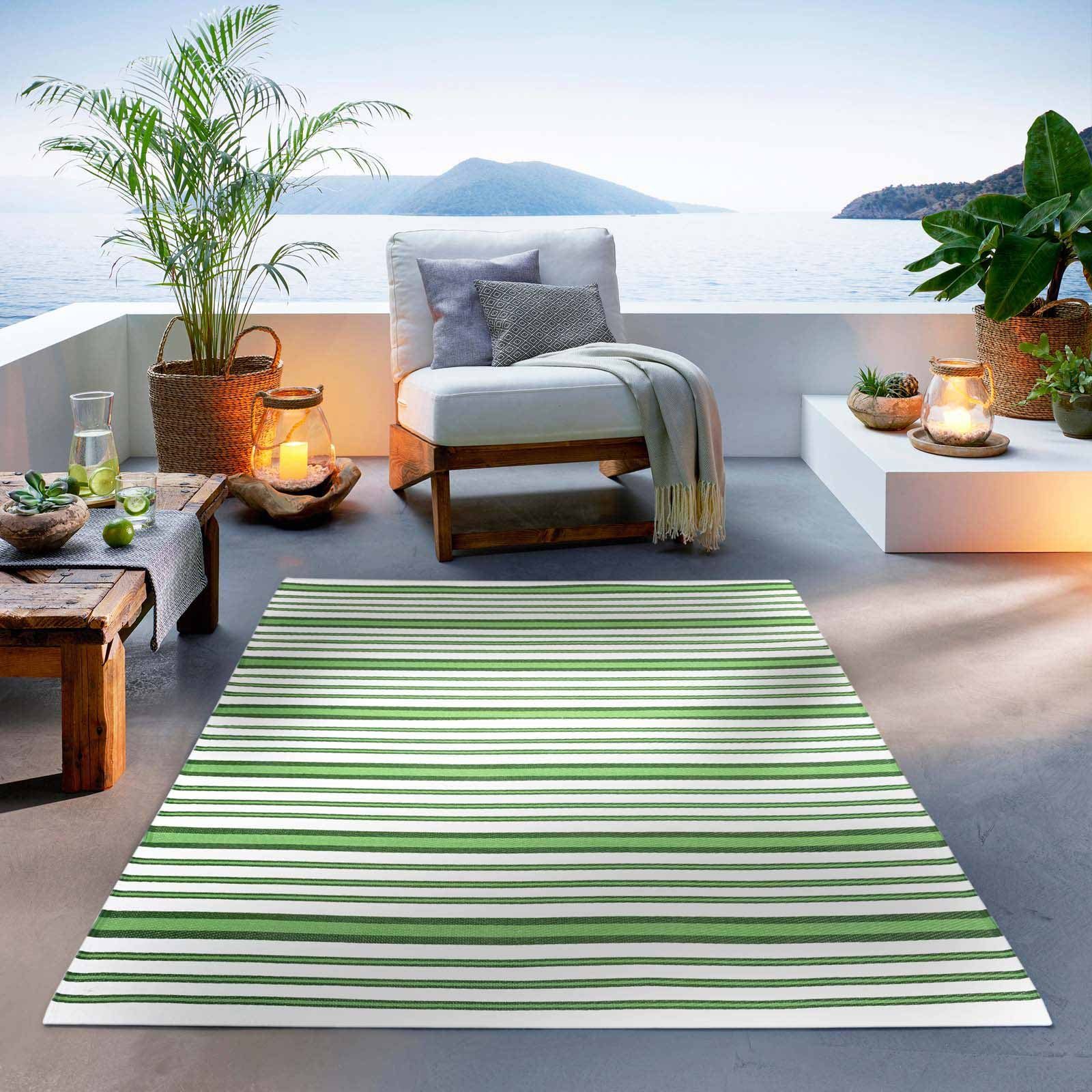 Teppich Outdoor & Indoor Teppich, TaCa Home, rechteckig, Höhe: 3 mm, Terrasse Balkon Garten Wohnzimmer Küche, Grün - 80 x 150 cm Grün Streifen