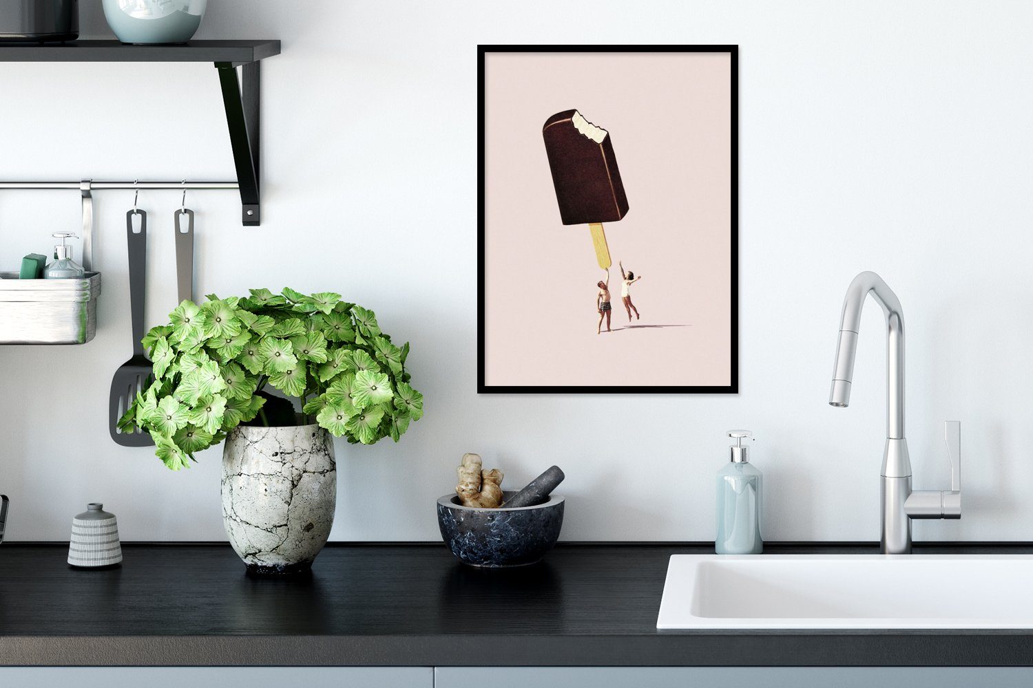 MuchoWow Poster Eiscreme - Schwarzem Vintage, Schokolade mit (1 Kunstdruck, Bilderrahmen - Poster, - Rahmen, Pastell St), Gerahmtes